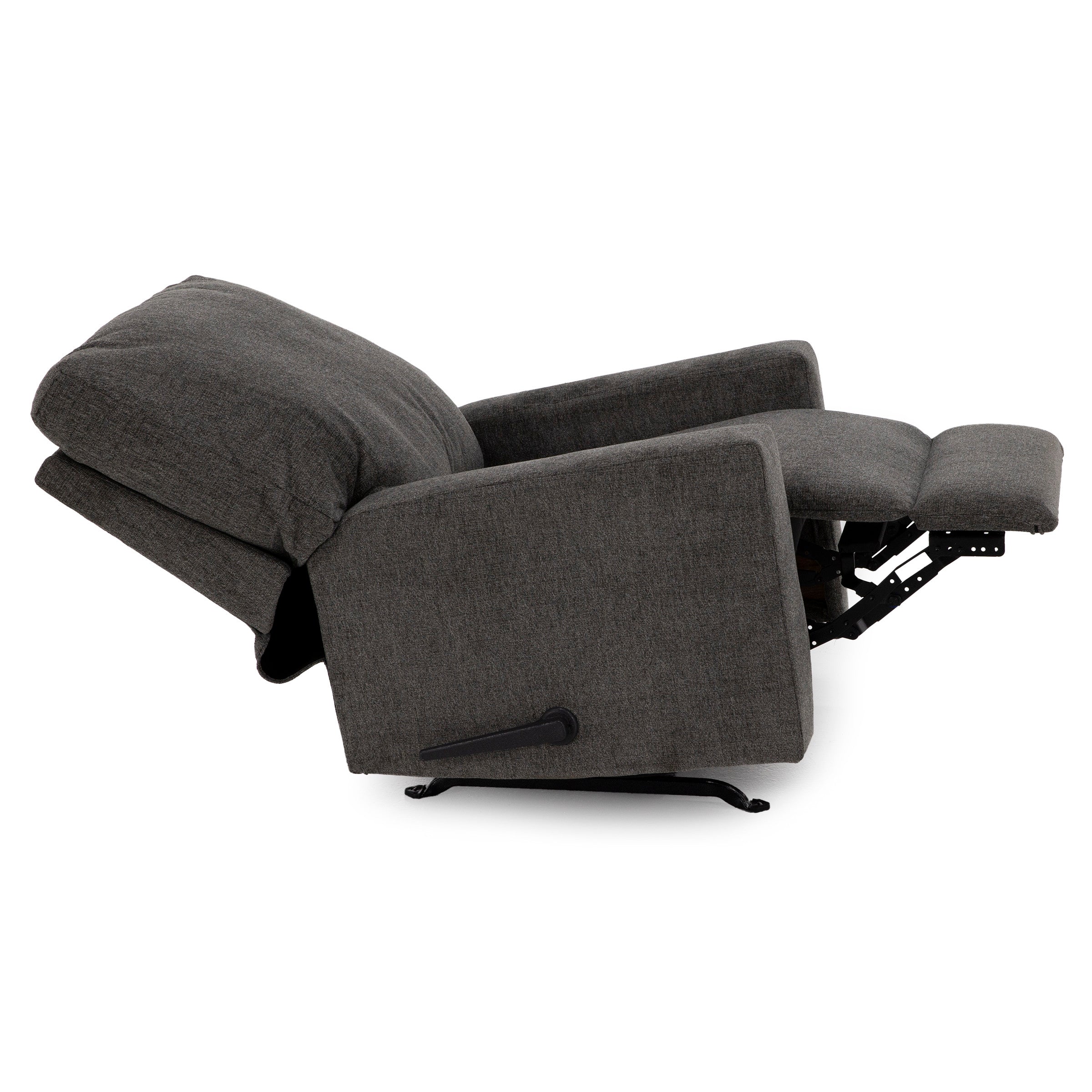 Side view of a dark gray fabric recliner chair fully extended.