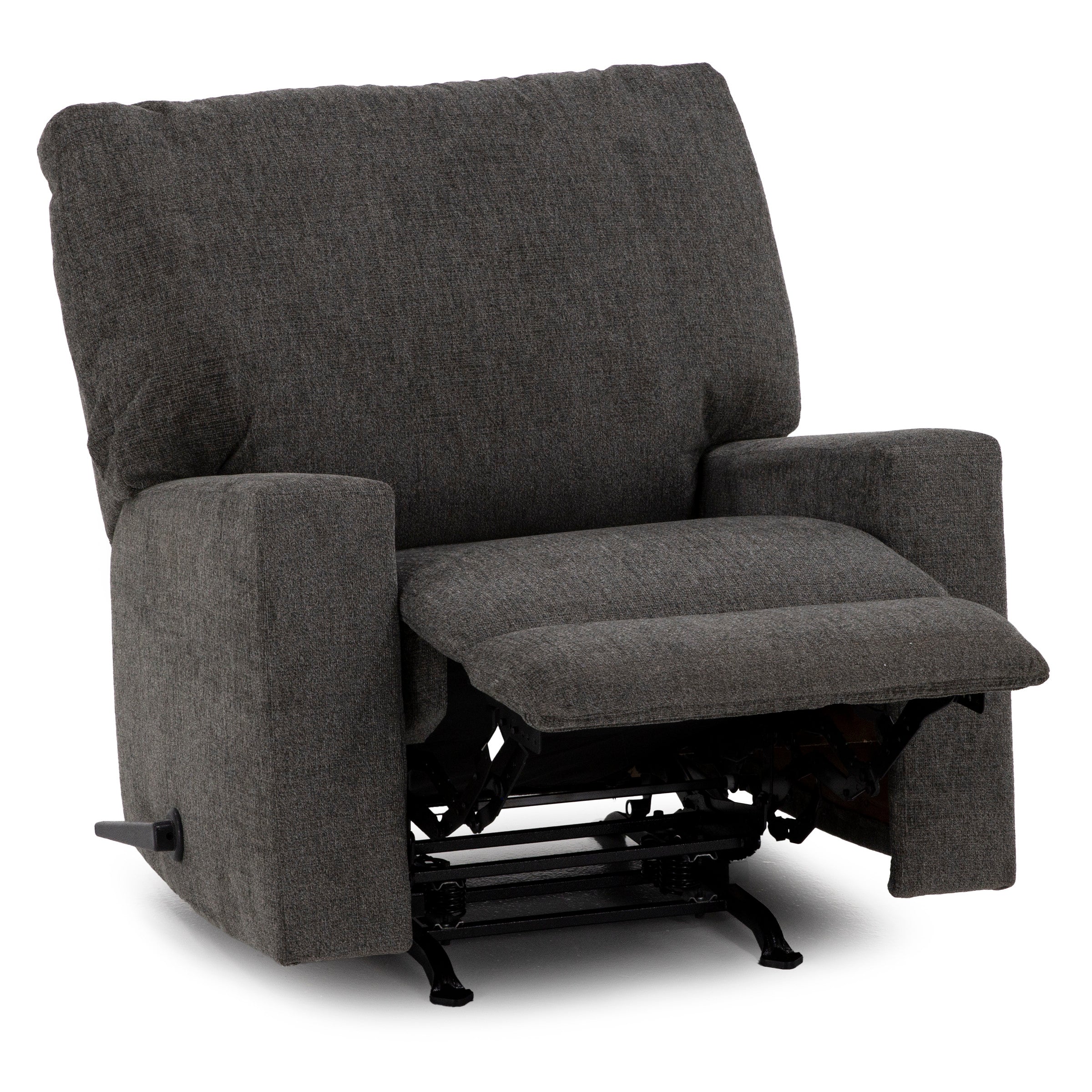 Dark gray fabric recliner chair with raised footrest.