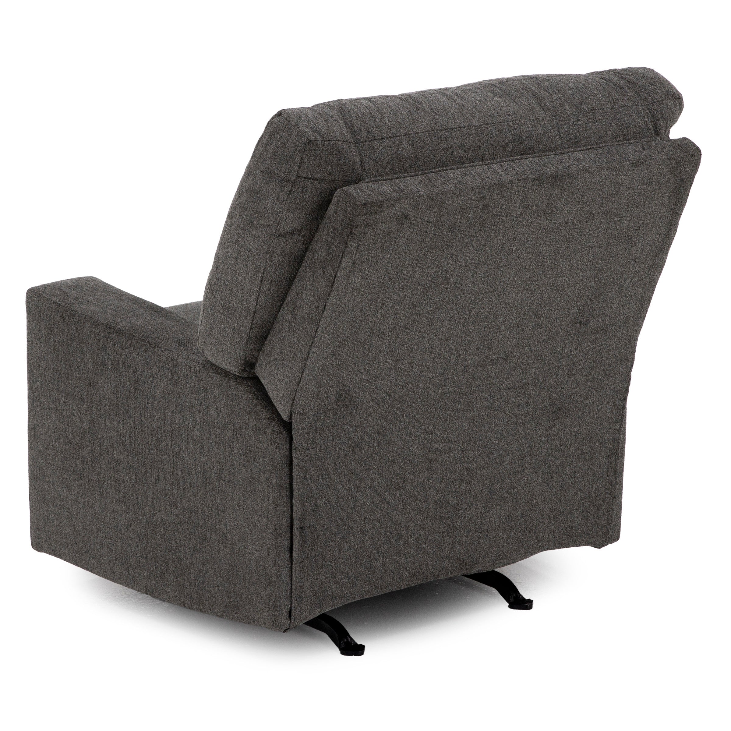 Back view of a dark gray upholstered recliner chair on white background.