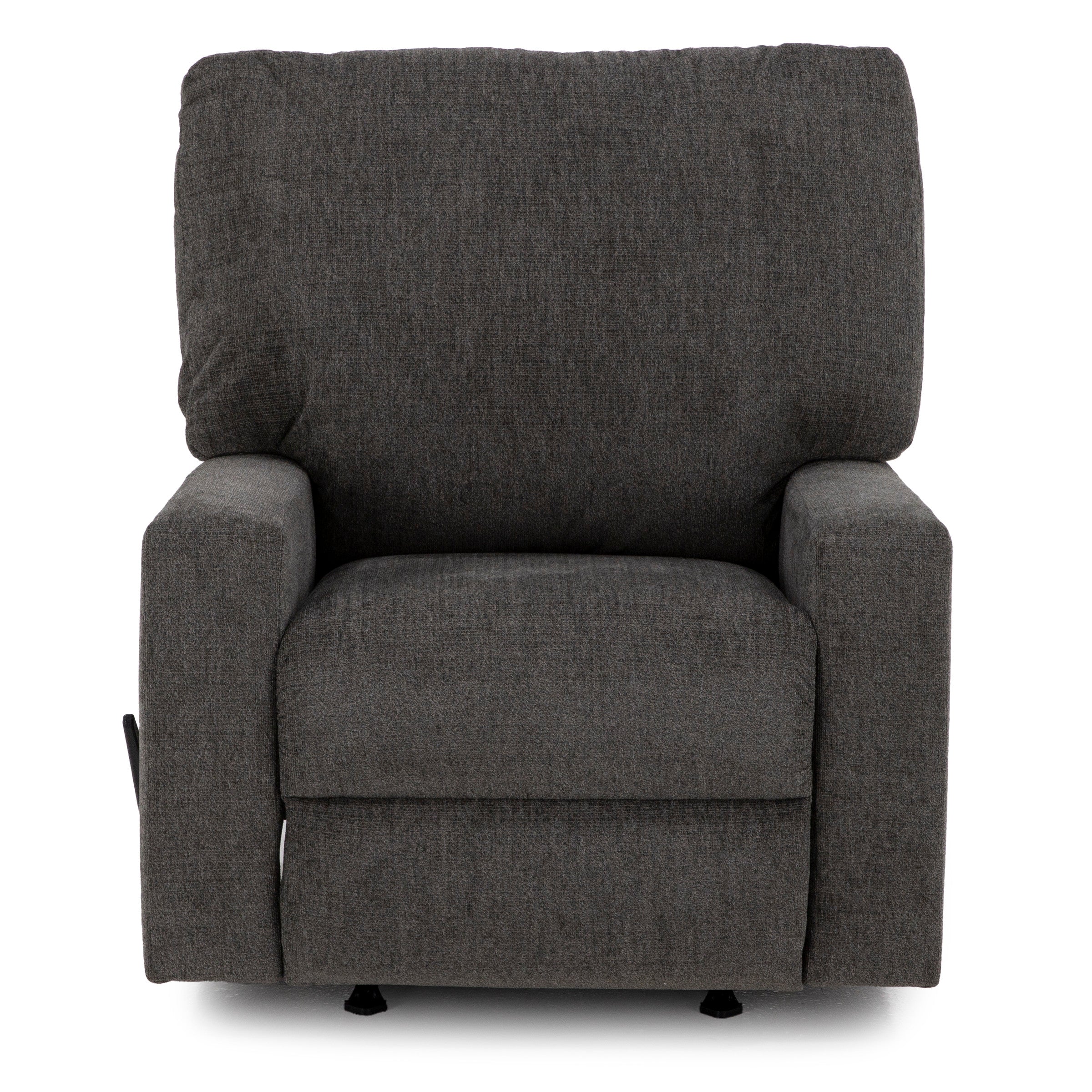 Dark gray upholstered recliner chair, front view.