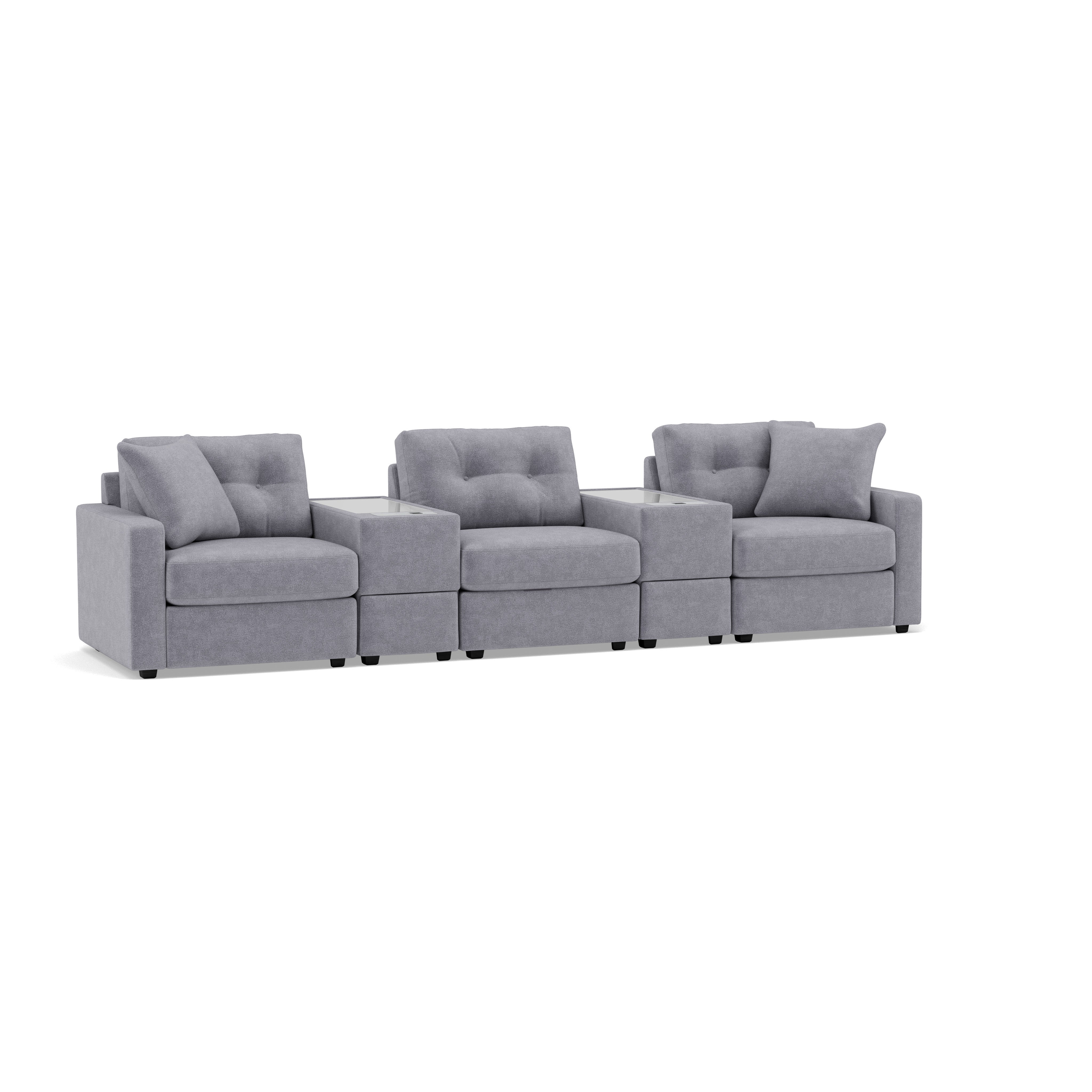 Three-seat modular gray sofa with two built-in console tables.