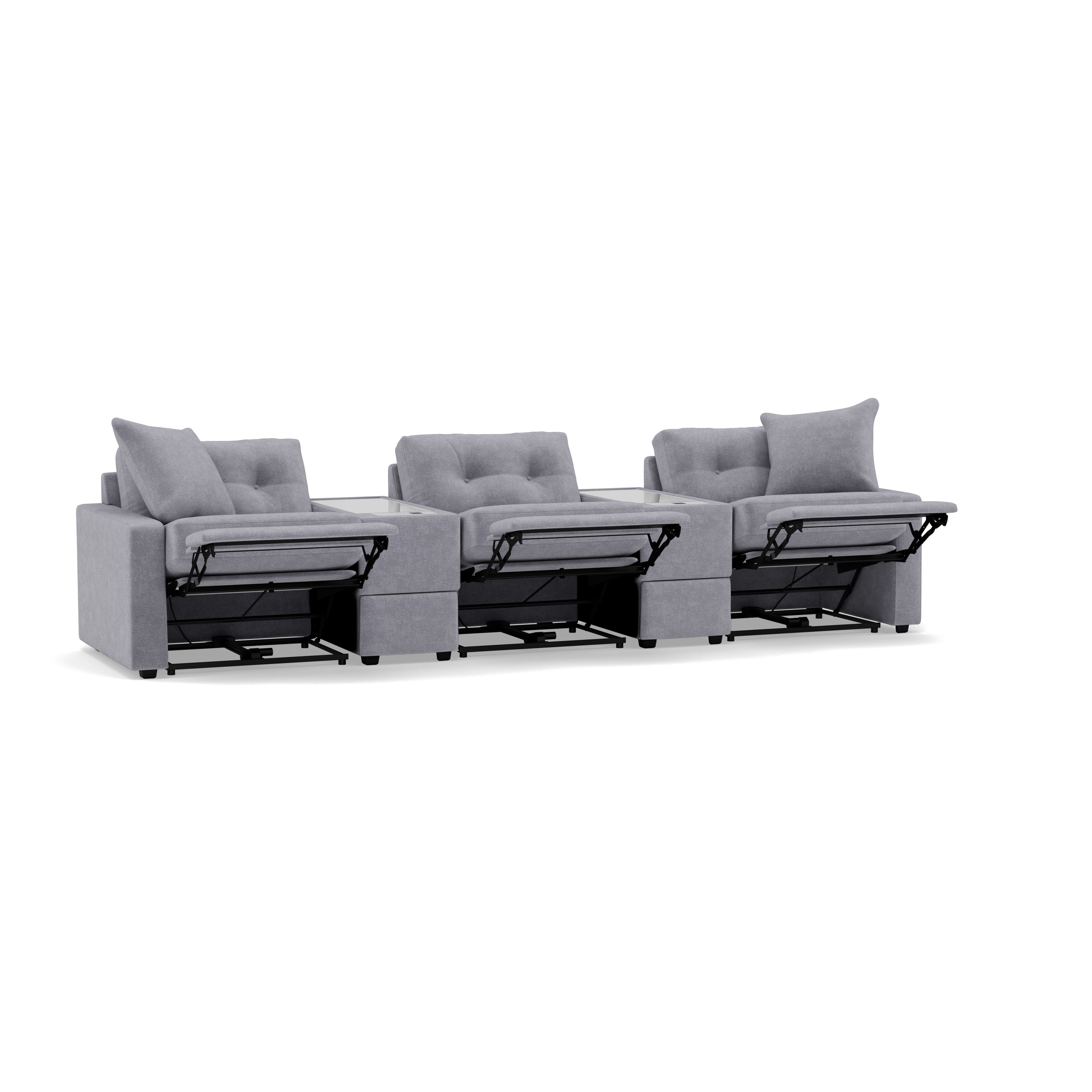 Three-seat gray reclining sofa with open footrests and built-in center consoles.