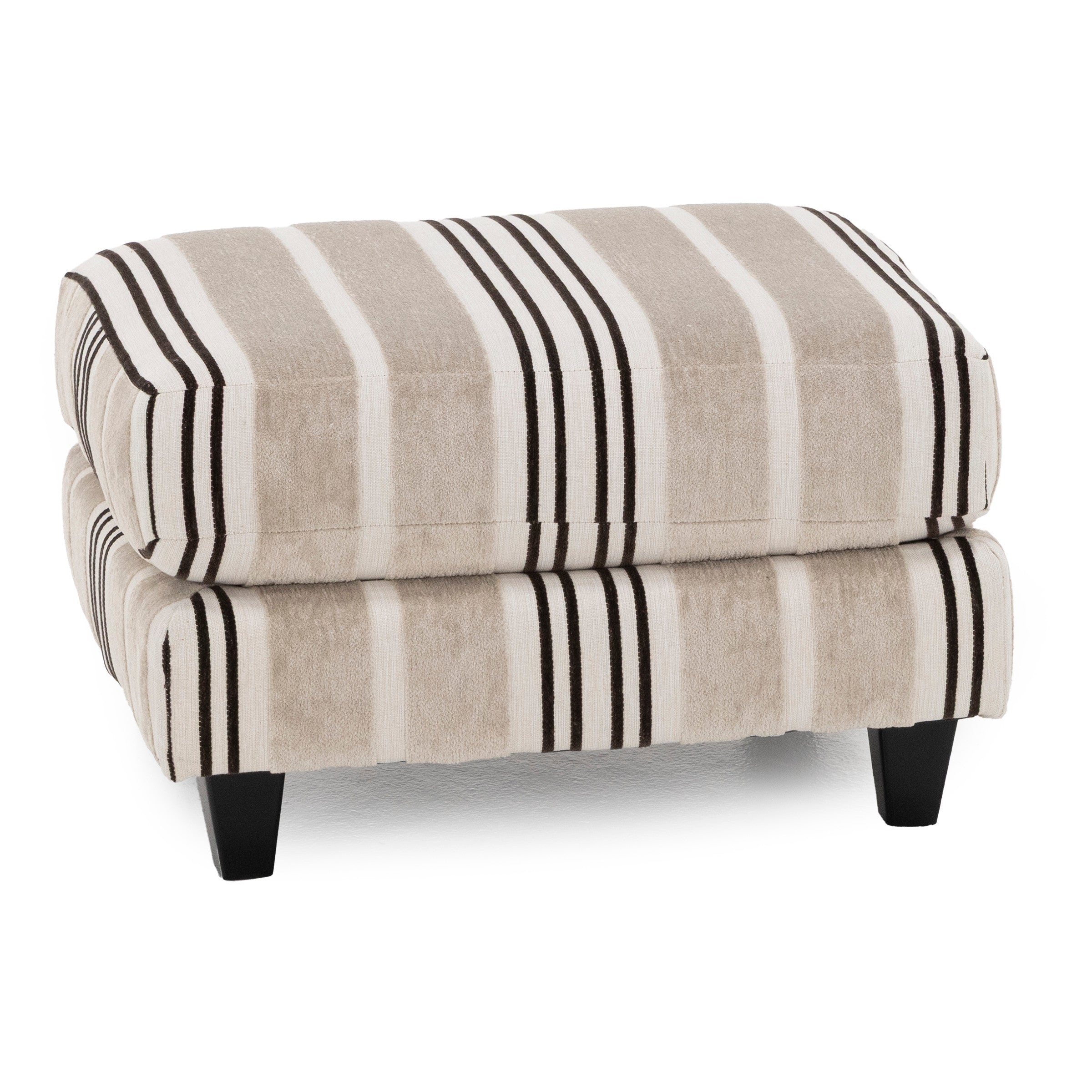 Beige and white striped upholstered ottoman with dark wooden legs.
