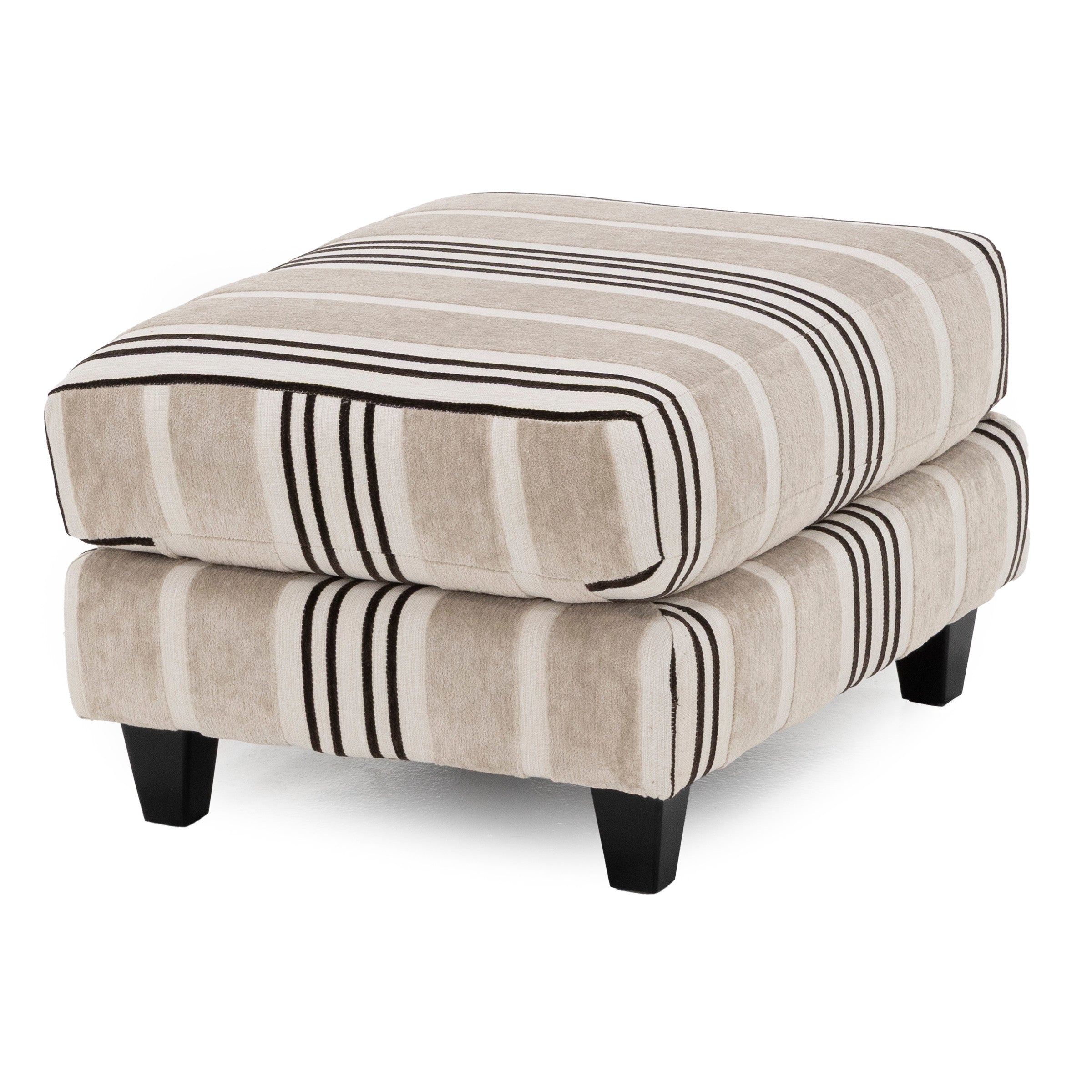 Beige and brown striped ottoman with dark wood legs.