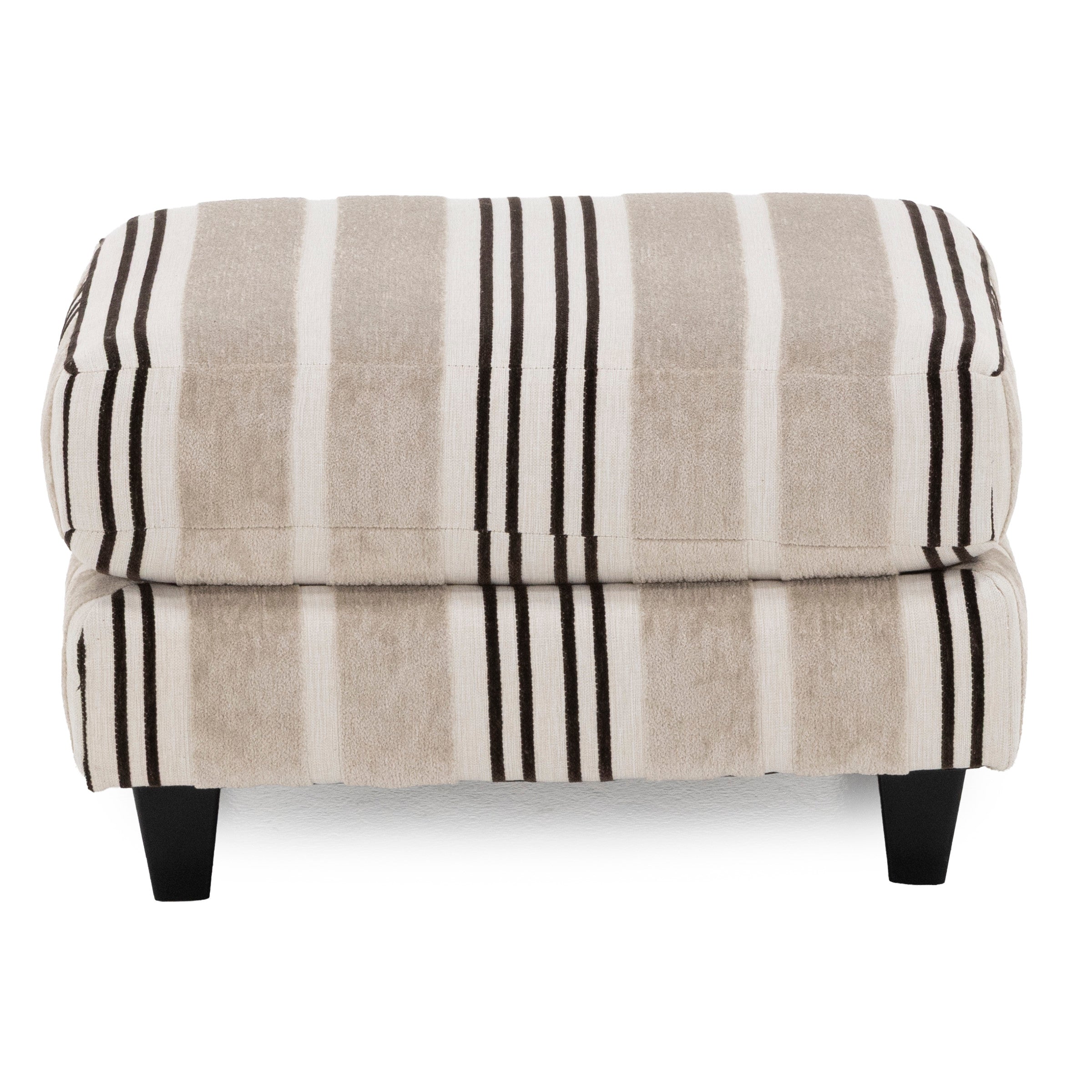 Beige and white striped ottoman with dark wood legs, front view.
