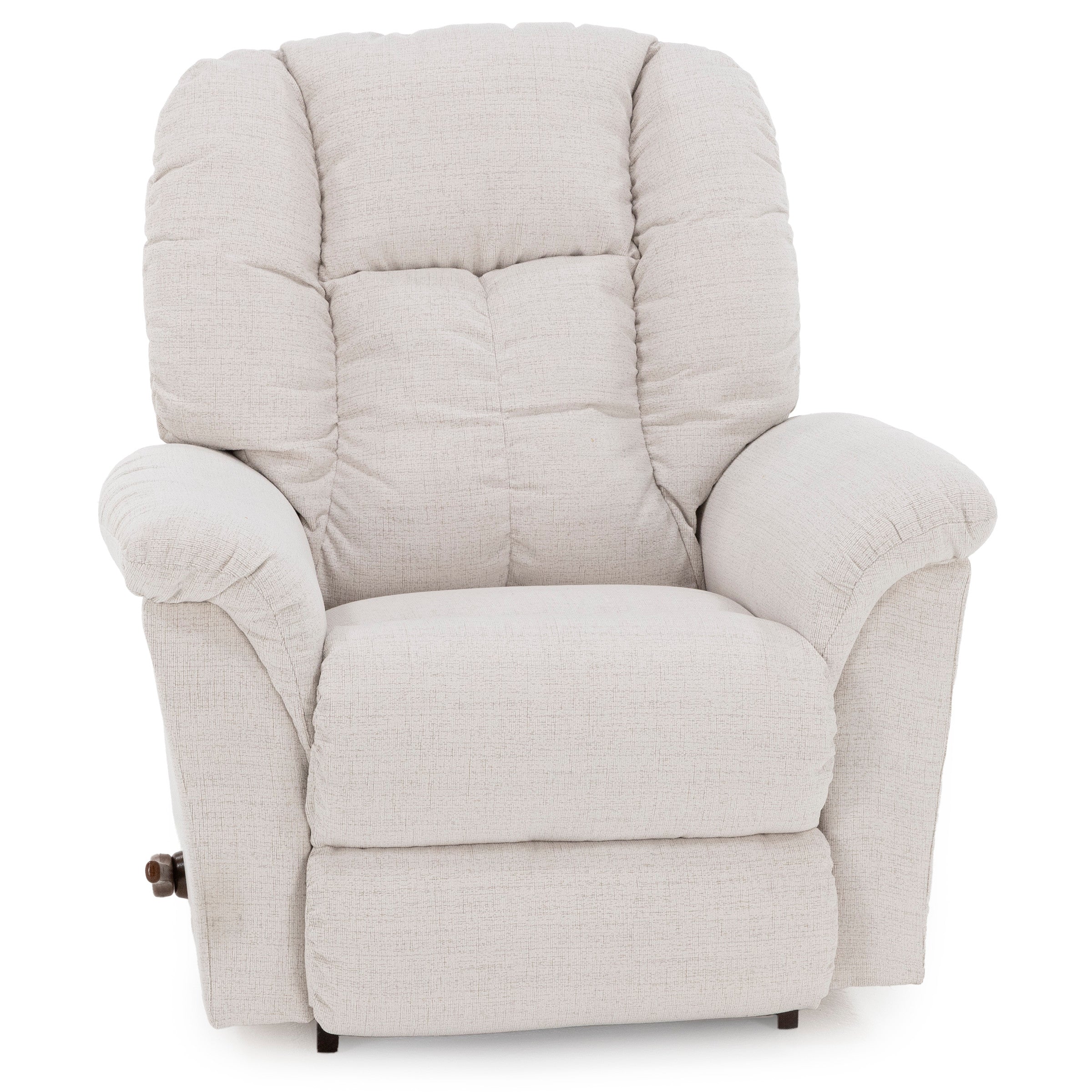 Beige upholstered recliner chair with plush cushions and wide armrests.