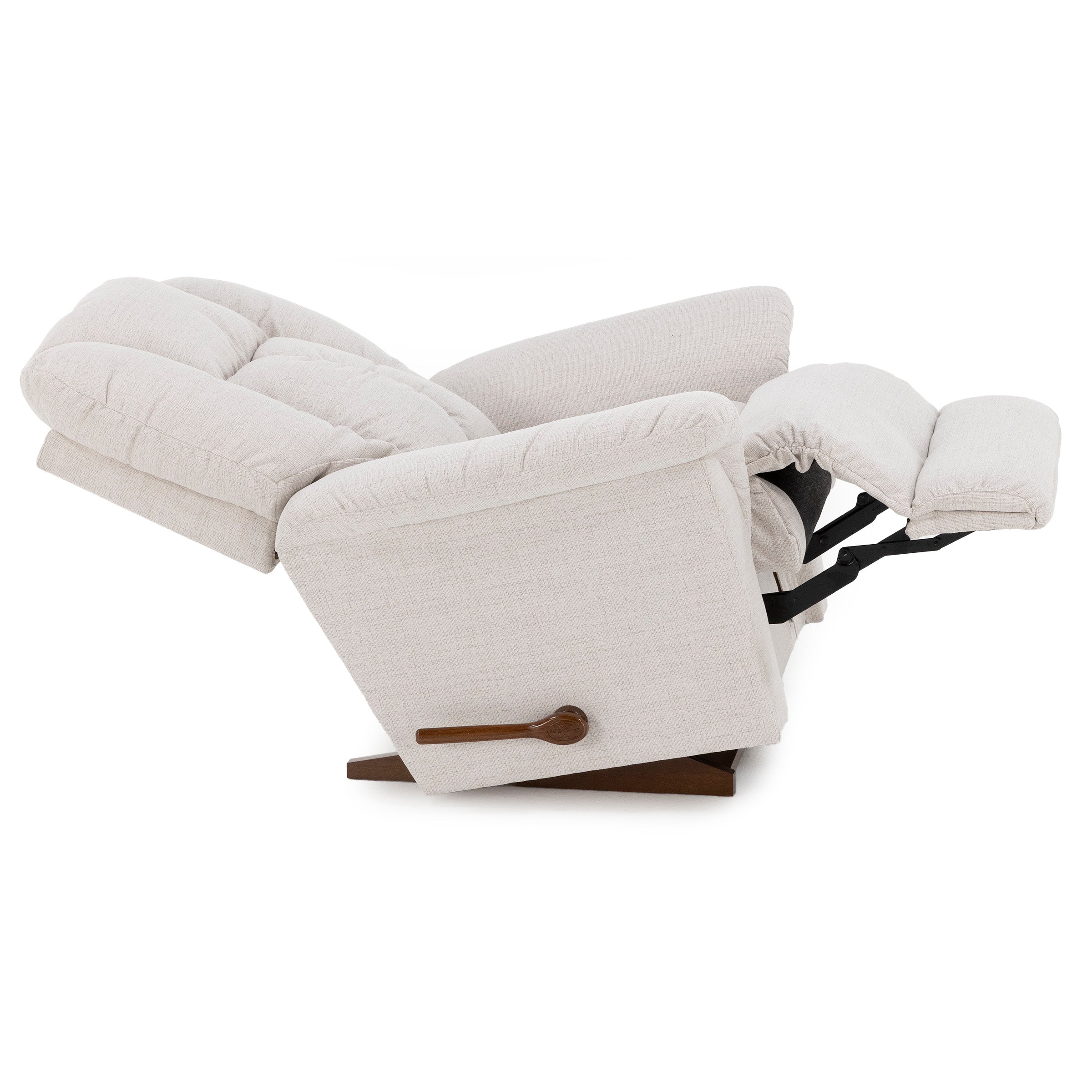 Side view of a beige recliner chair in a fully reclined position with extended footrest.