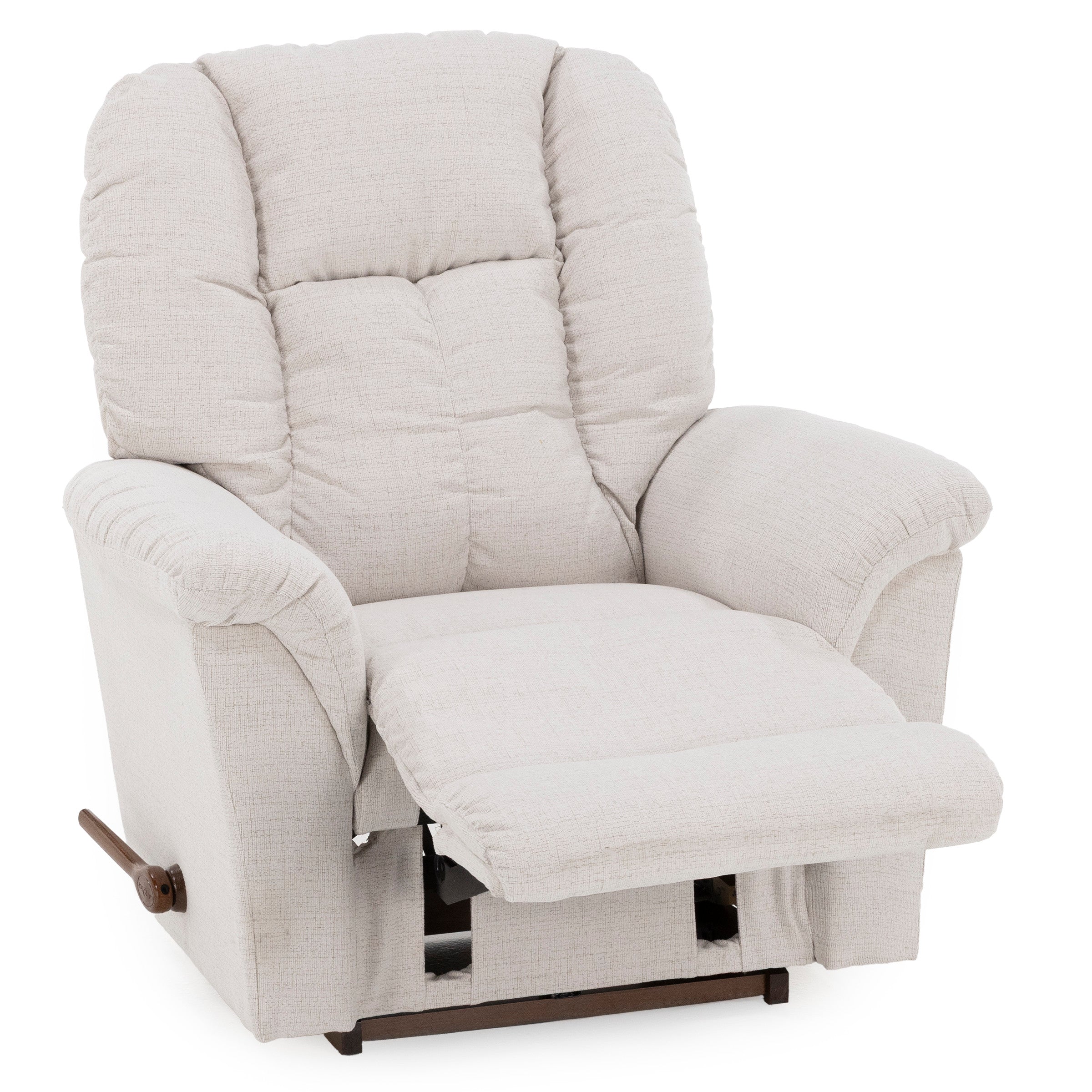 Light beige recliner chair with padded arms and extended footrest, shown in open position.