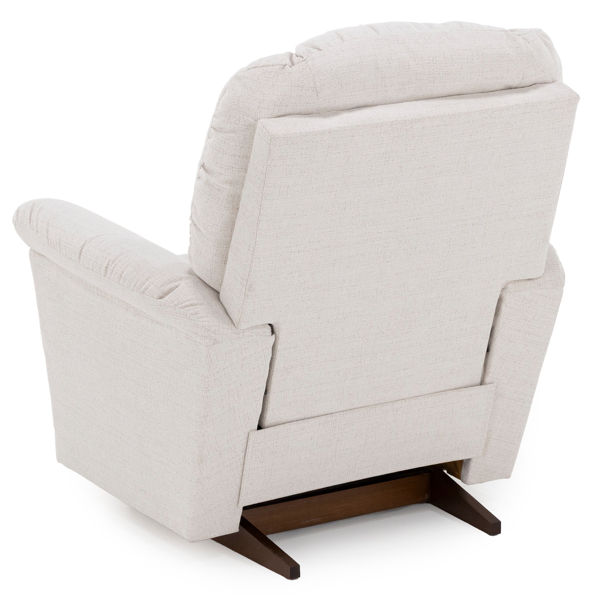 Back view of a light beige upholstered recliner chair with wood base.