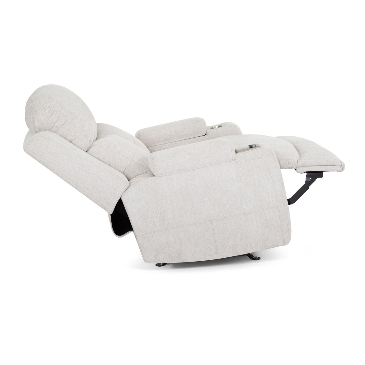 Reclined light beige upholstered recliner chair shown in side profile.