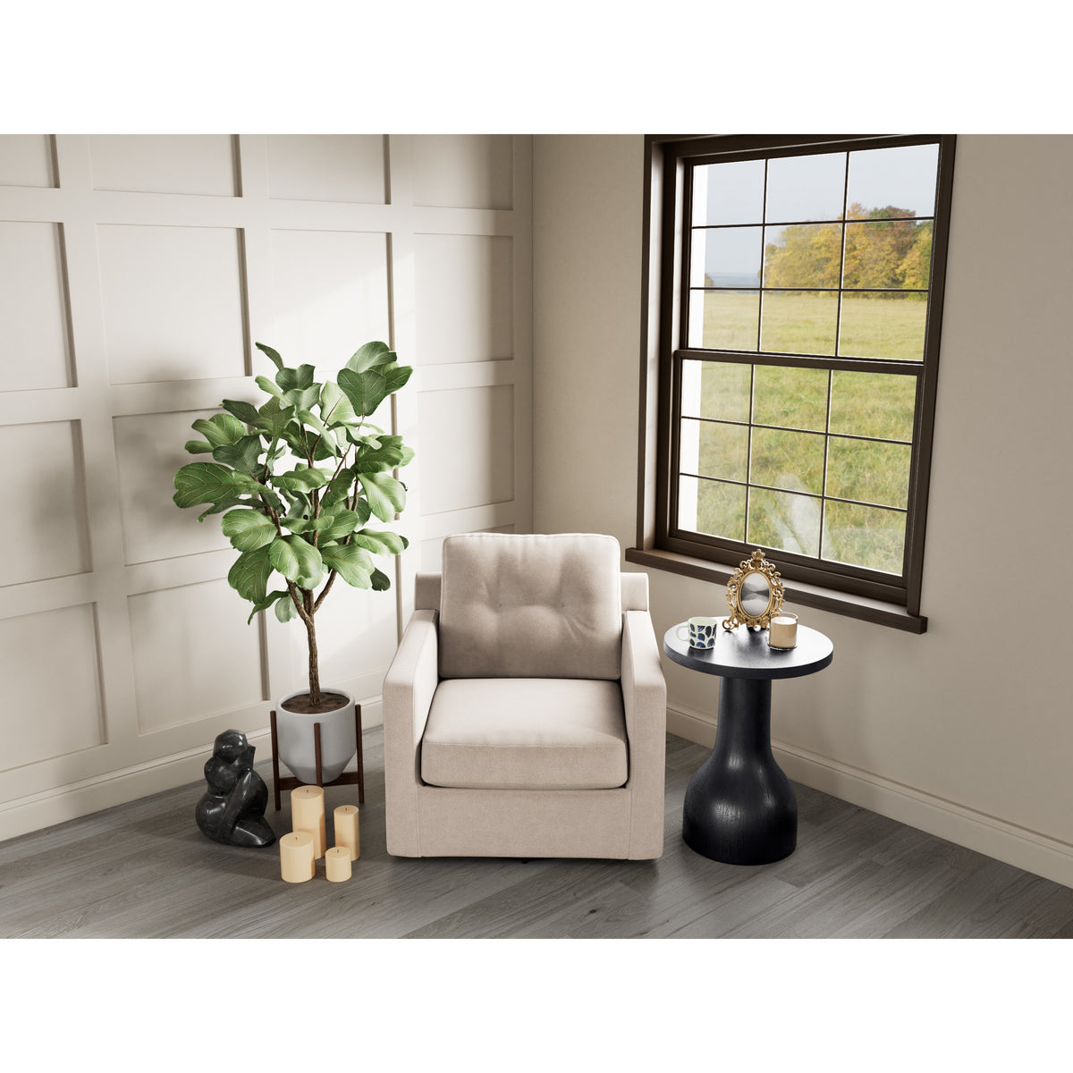 Neutral room with a beige armchair, plant, black side table, and window overlooking a grassy field.