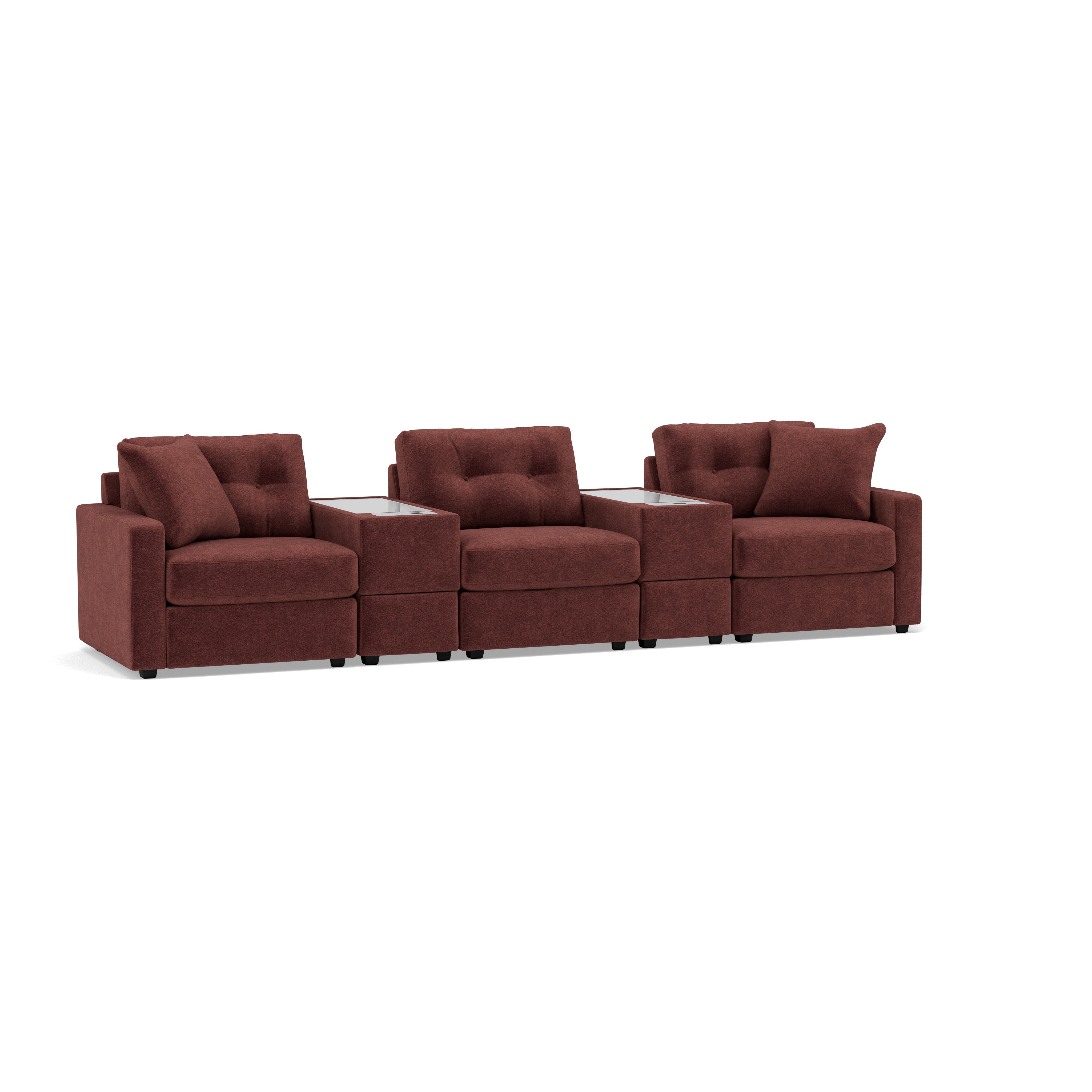 Modular brown three-seat sofa with two built-in tables.