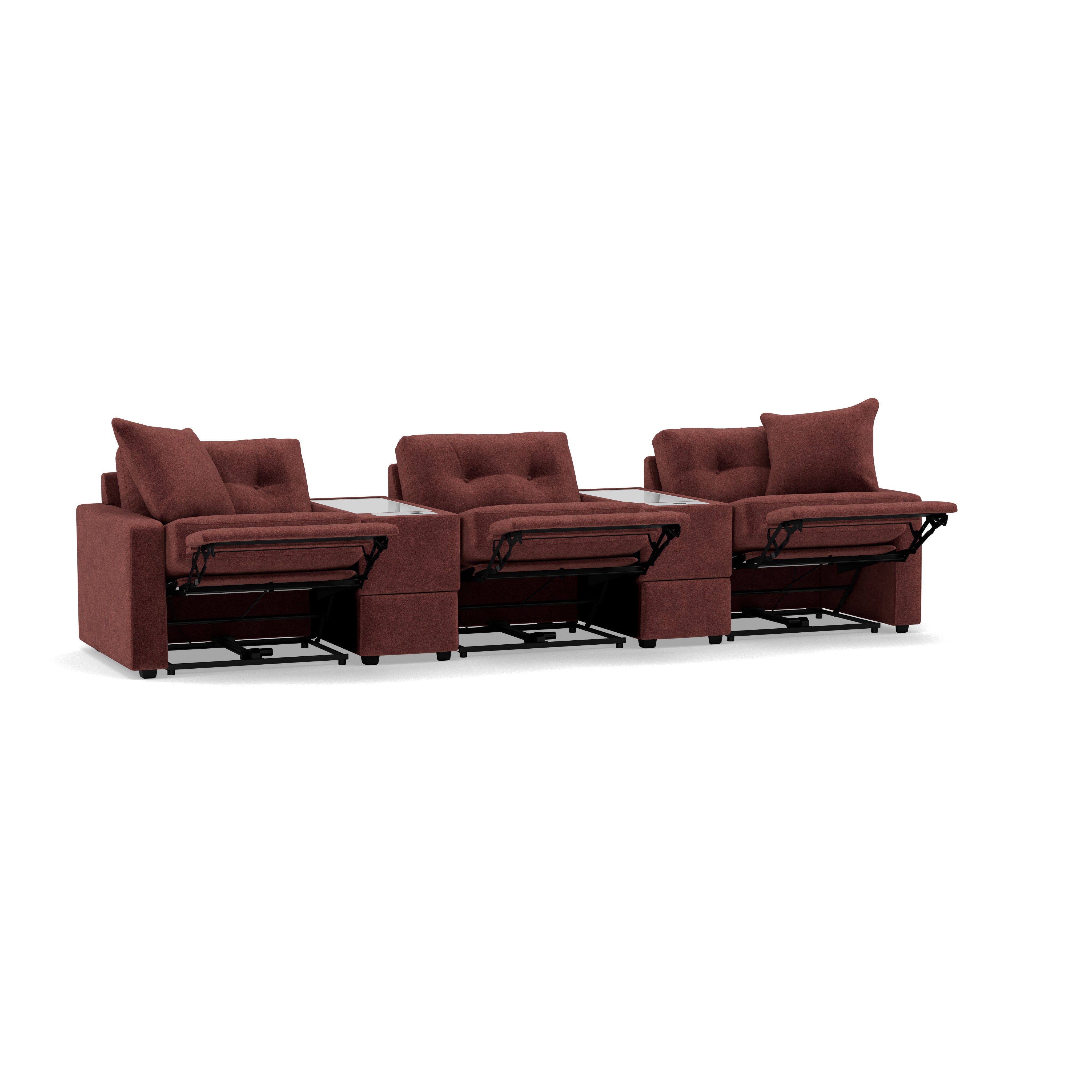 Three-seat reclining sectional sofa with built-in tables, upholstered in burgundy fabric.