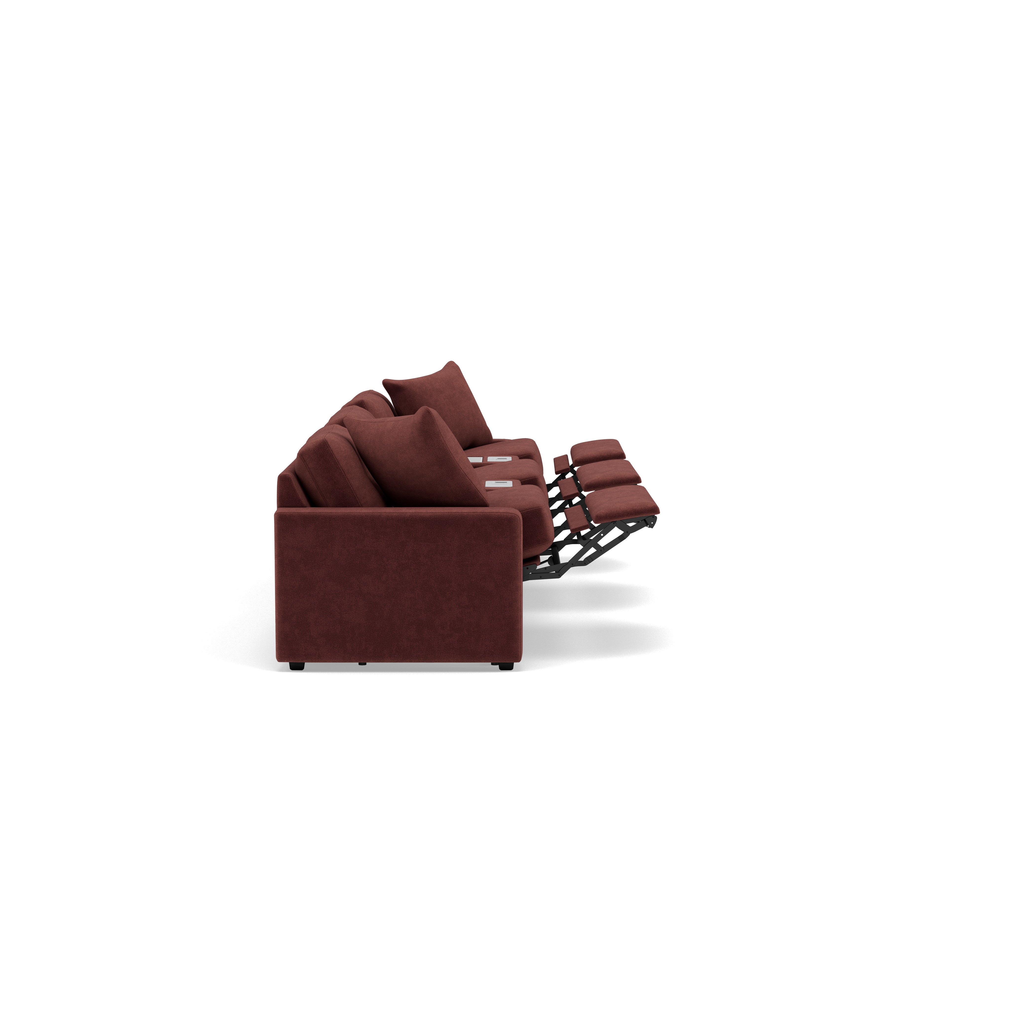 Side view of a brown reclining sofa with all seats fully extended.