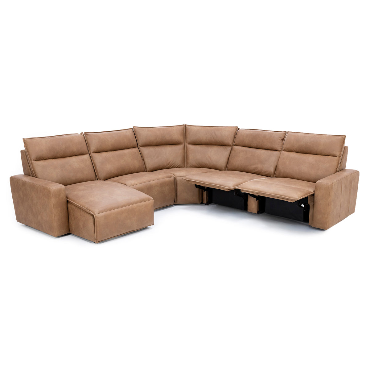 Corner tan sectional sofa with two extended recliners, shown on white background.