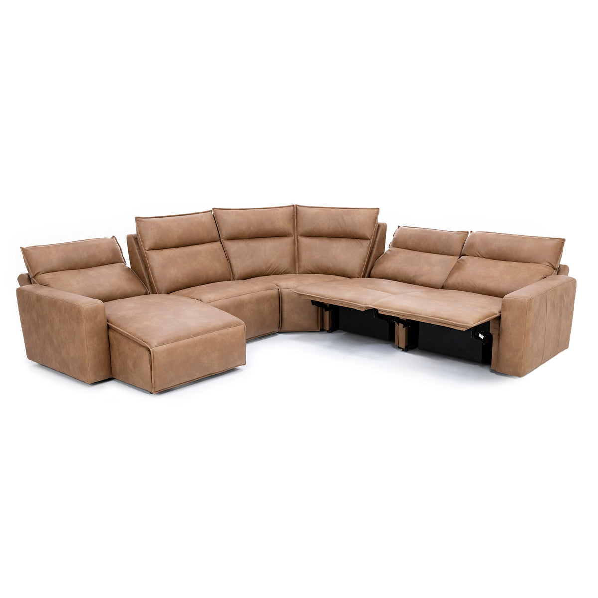 Tan sectional sofa with chaise and two recliners extended.