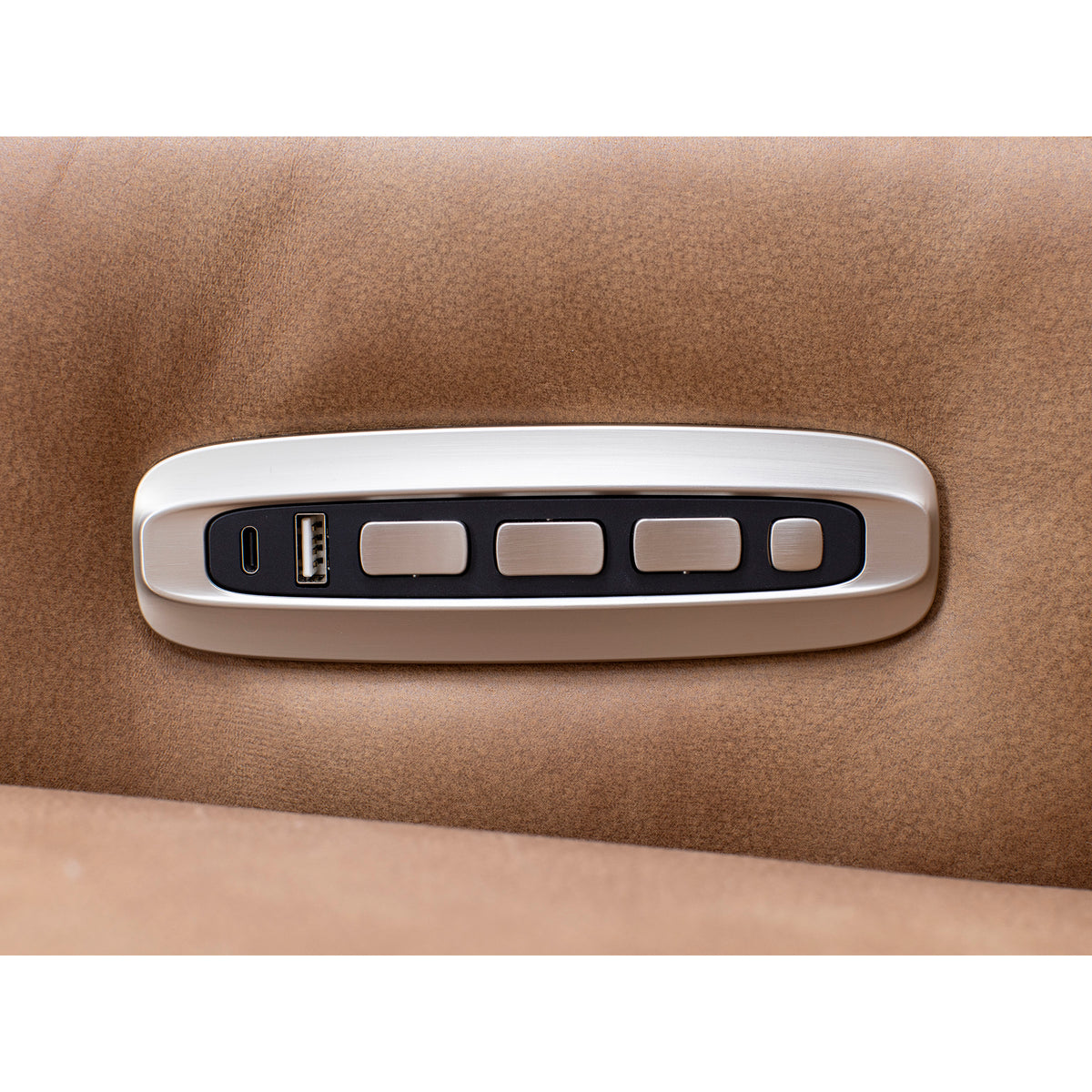 Close-up of seat control panel with USB ports and adjustment buttons.