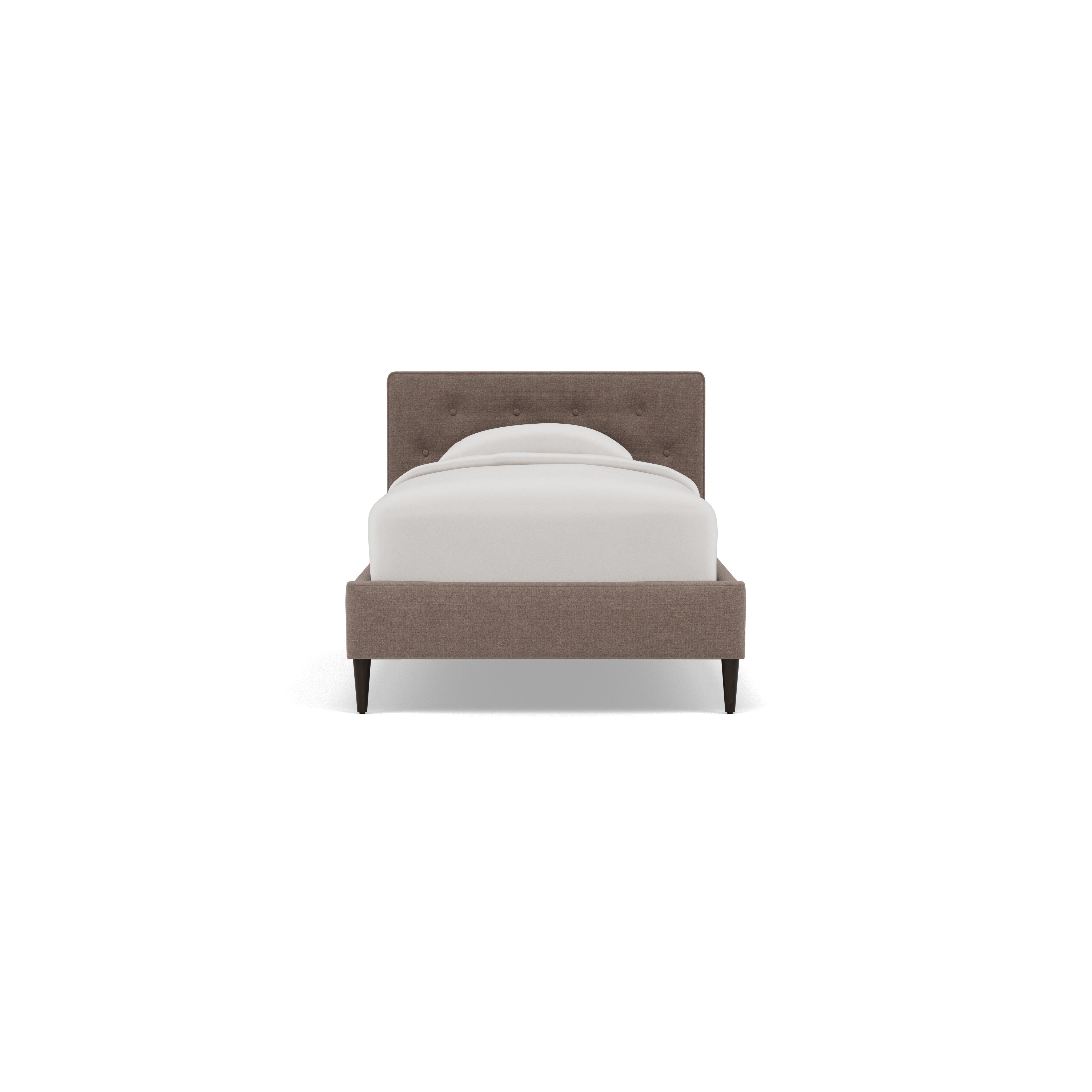 Upholstered bed with tufted headboard, shown with white bedding, front view.
