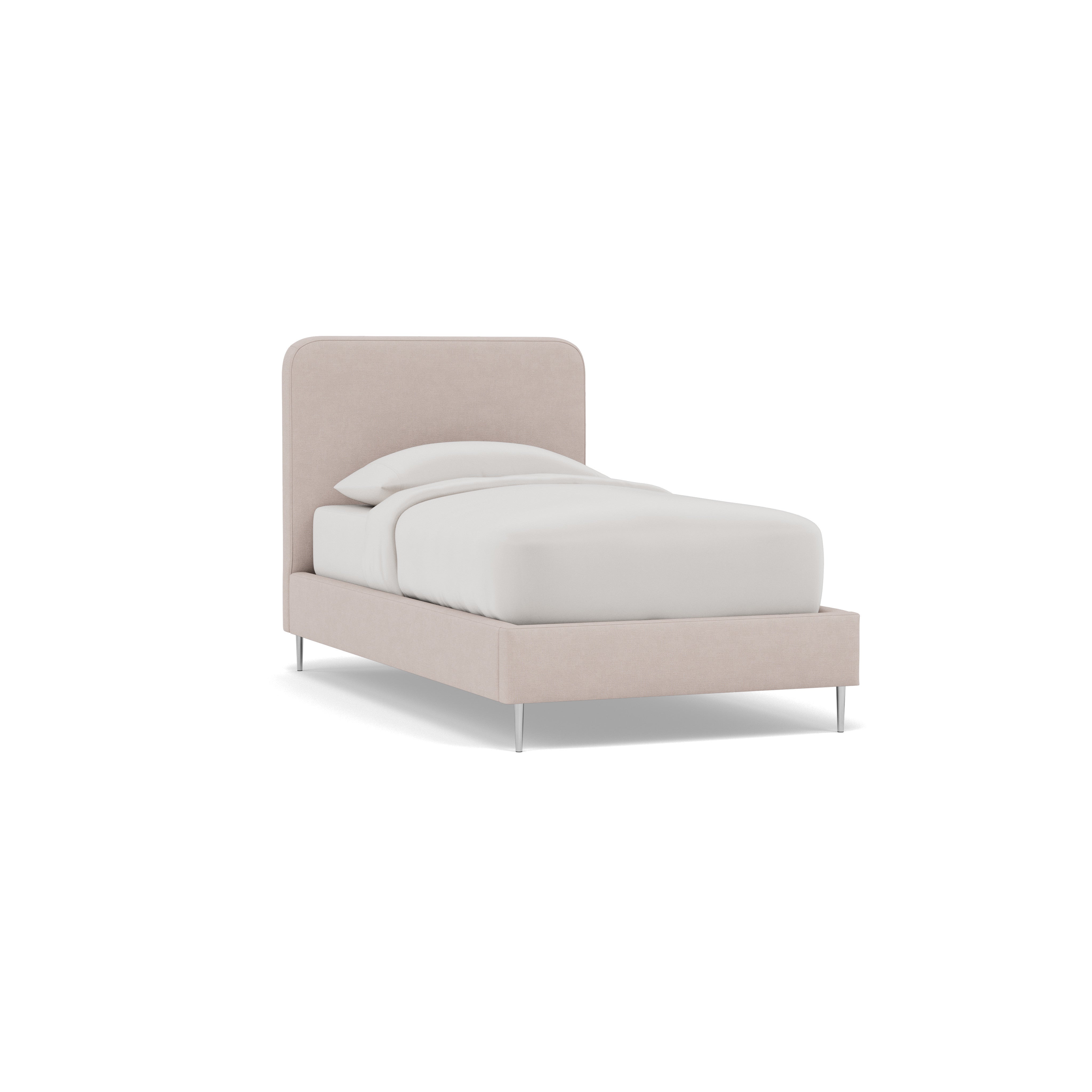 Beige upholstered twin bed with white bedding on metal legs.