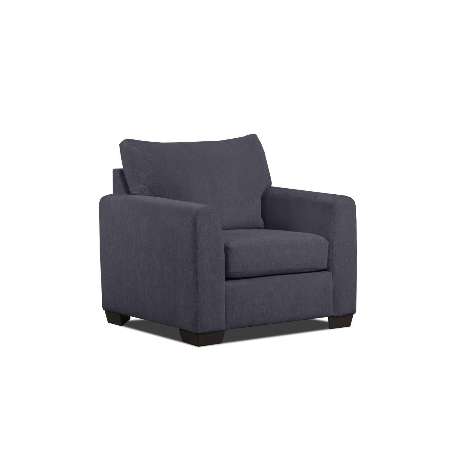 Dark gray upholstered armchair with square arms and wooden legs.