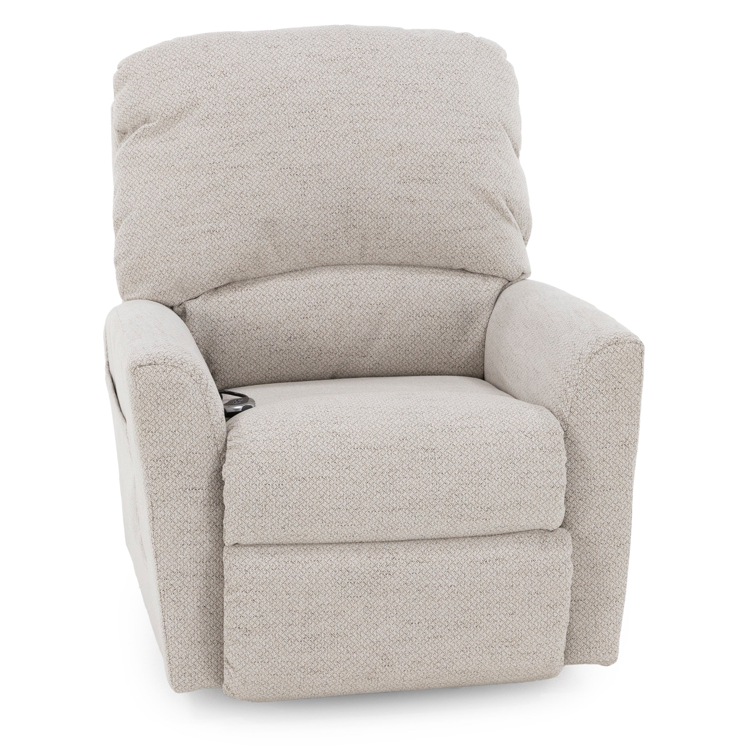 Light beige fabric recliner chair with plush cushioning, front view.
