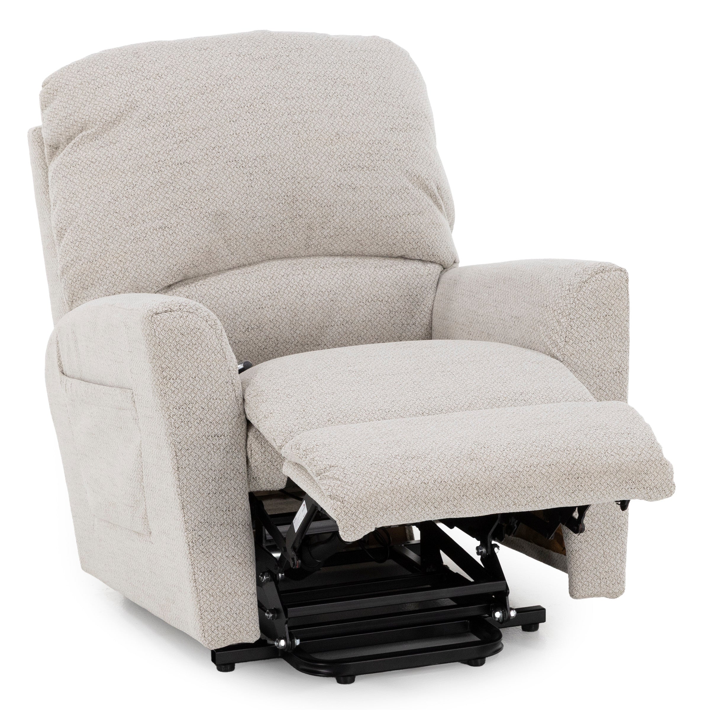 Beige fabric recliner chair with extended footrest, shown at partial recline.