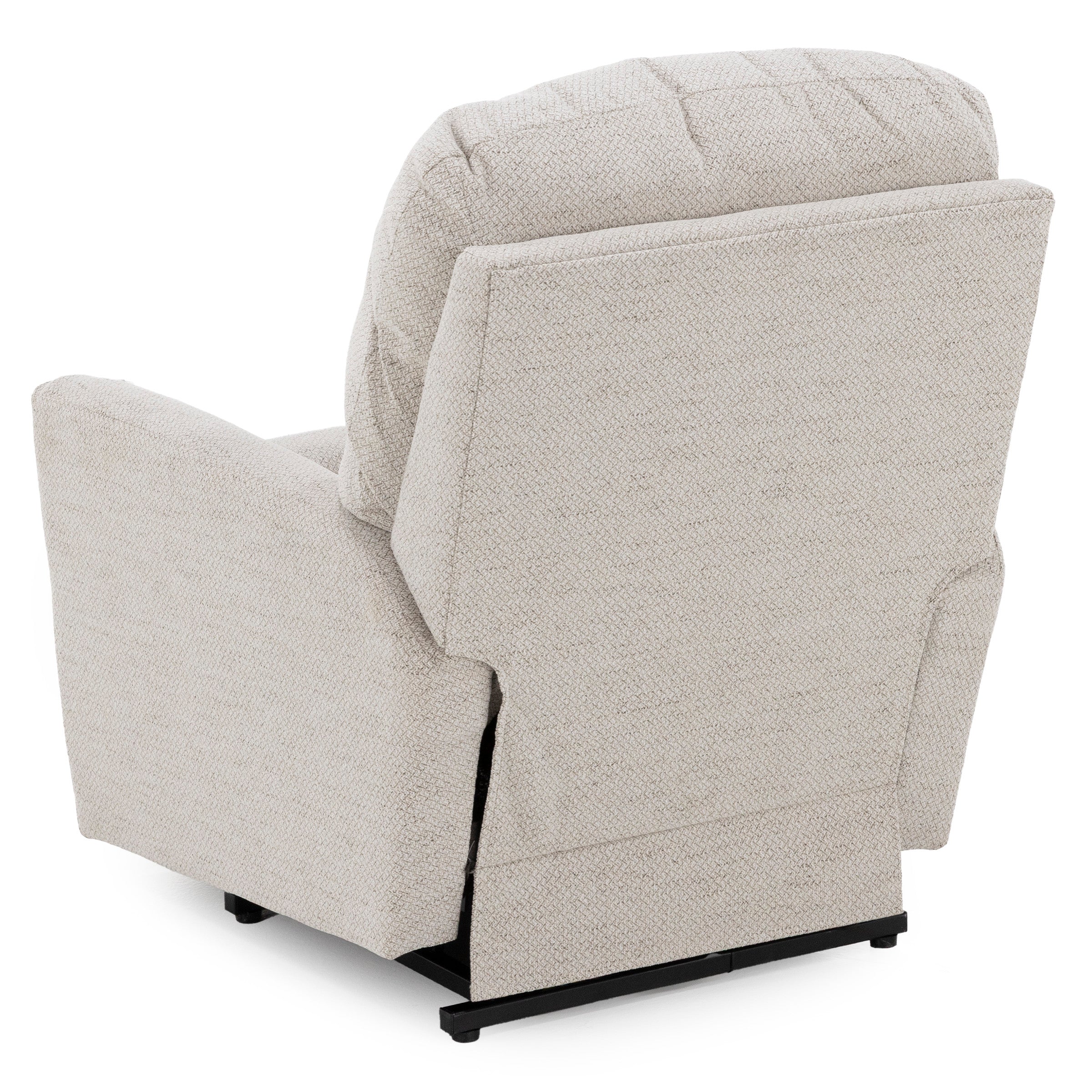 Back view of a beige upholstered recliner chair on a white background.