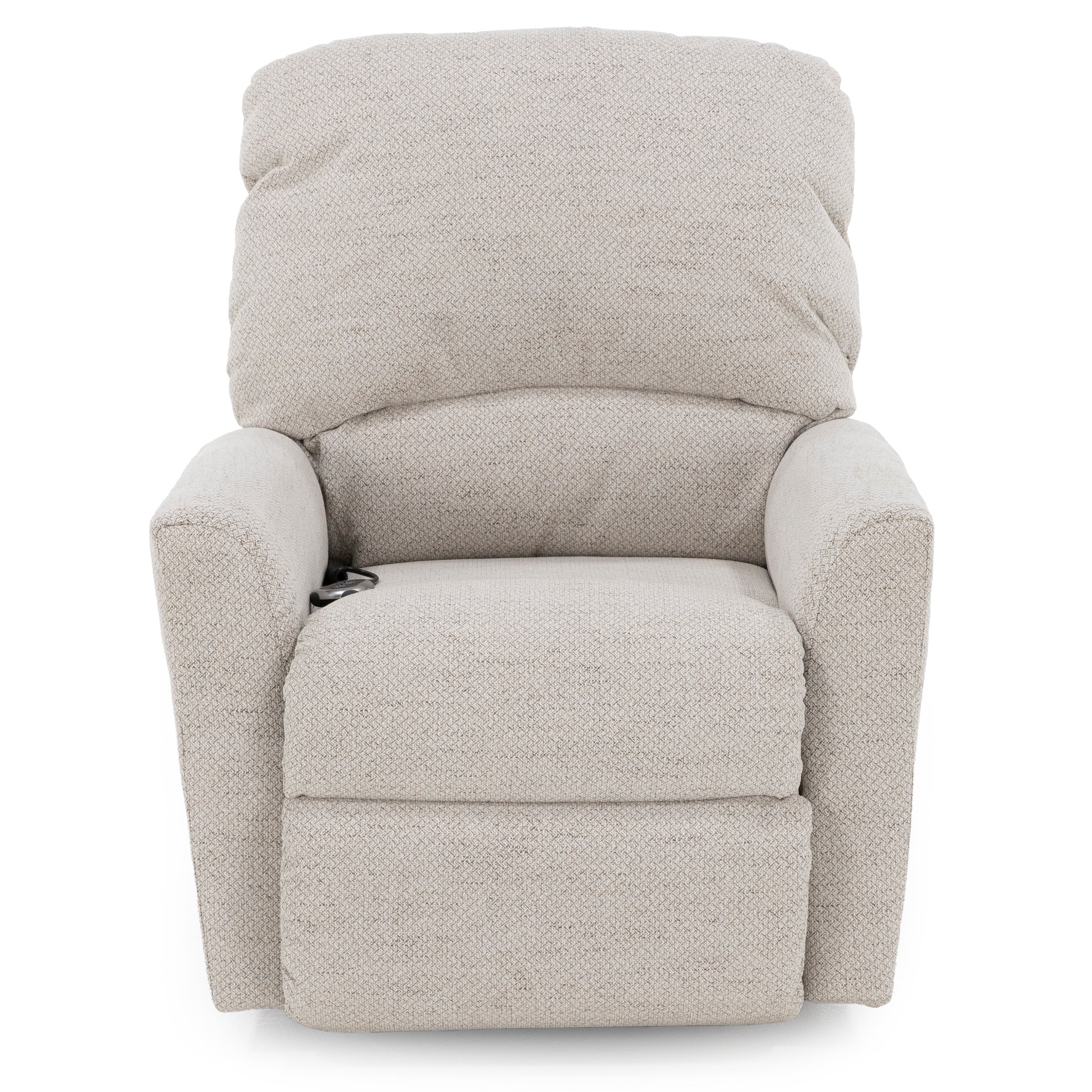 Beige upholstered recliner chair, shown from the front.