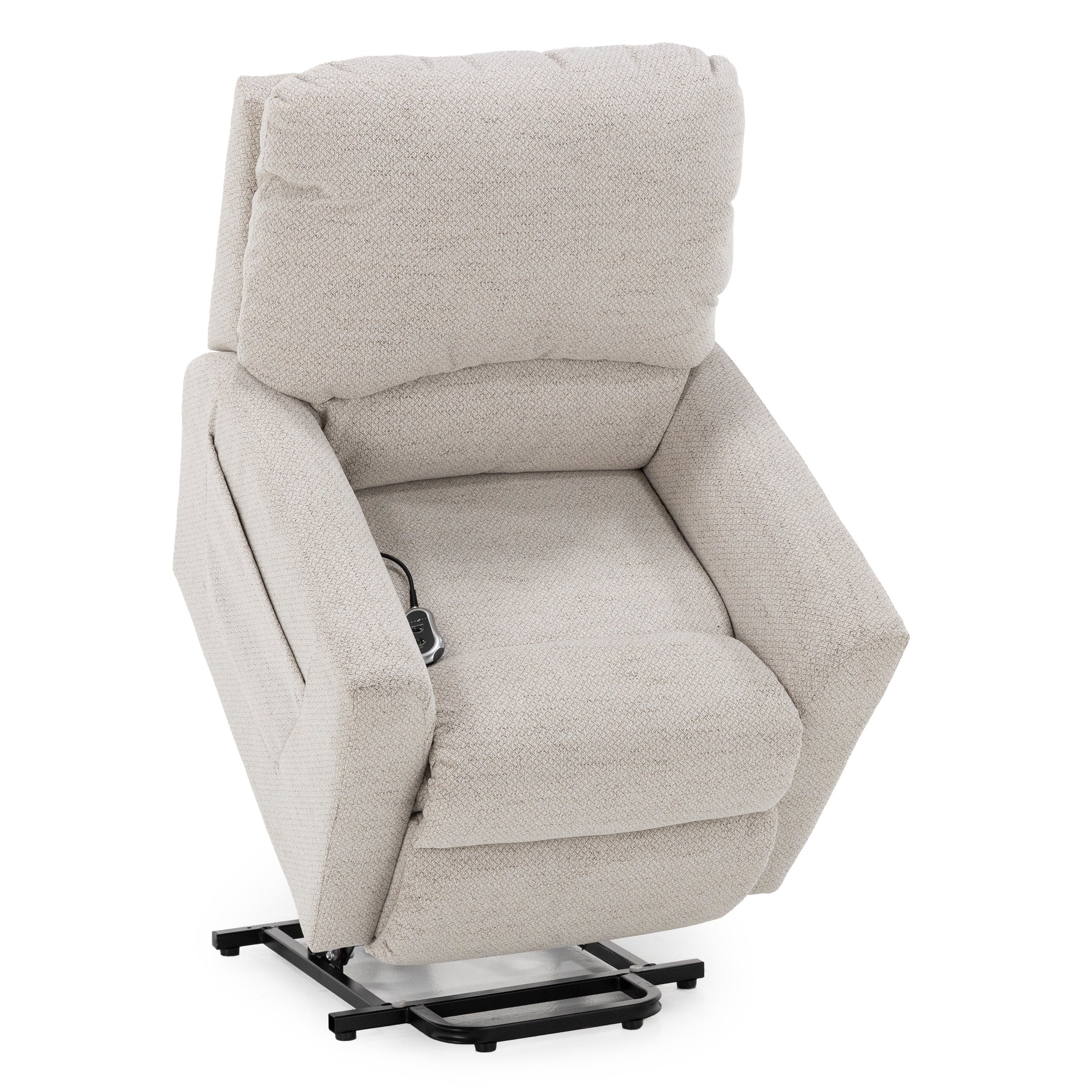 Light beige fabric power lift recliner chair with a remote control on the seat.