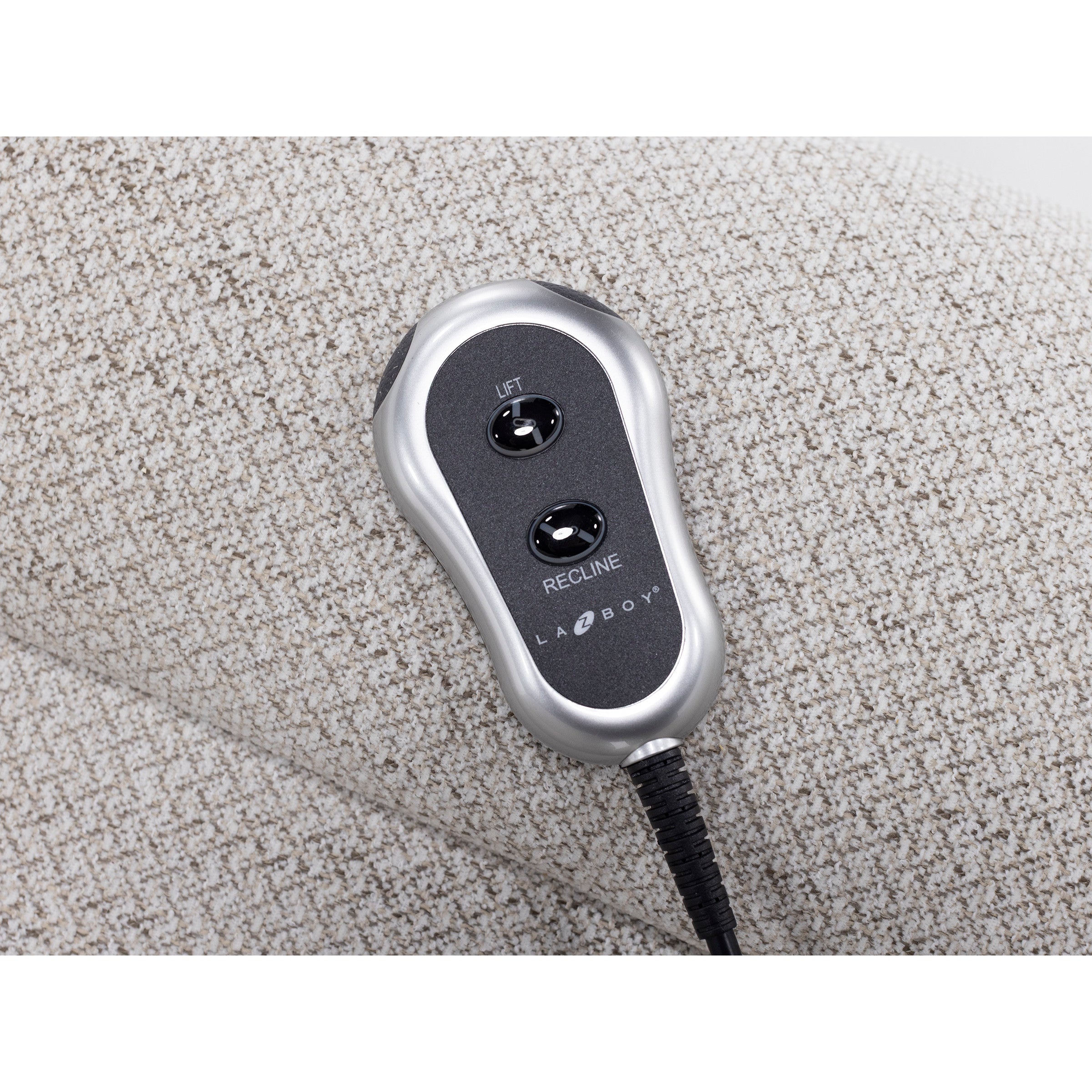 Remote control for lift and recline on a textured fabric chair