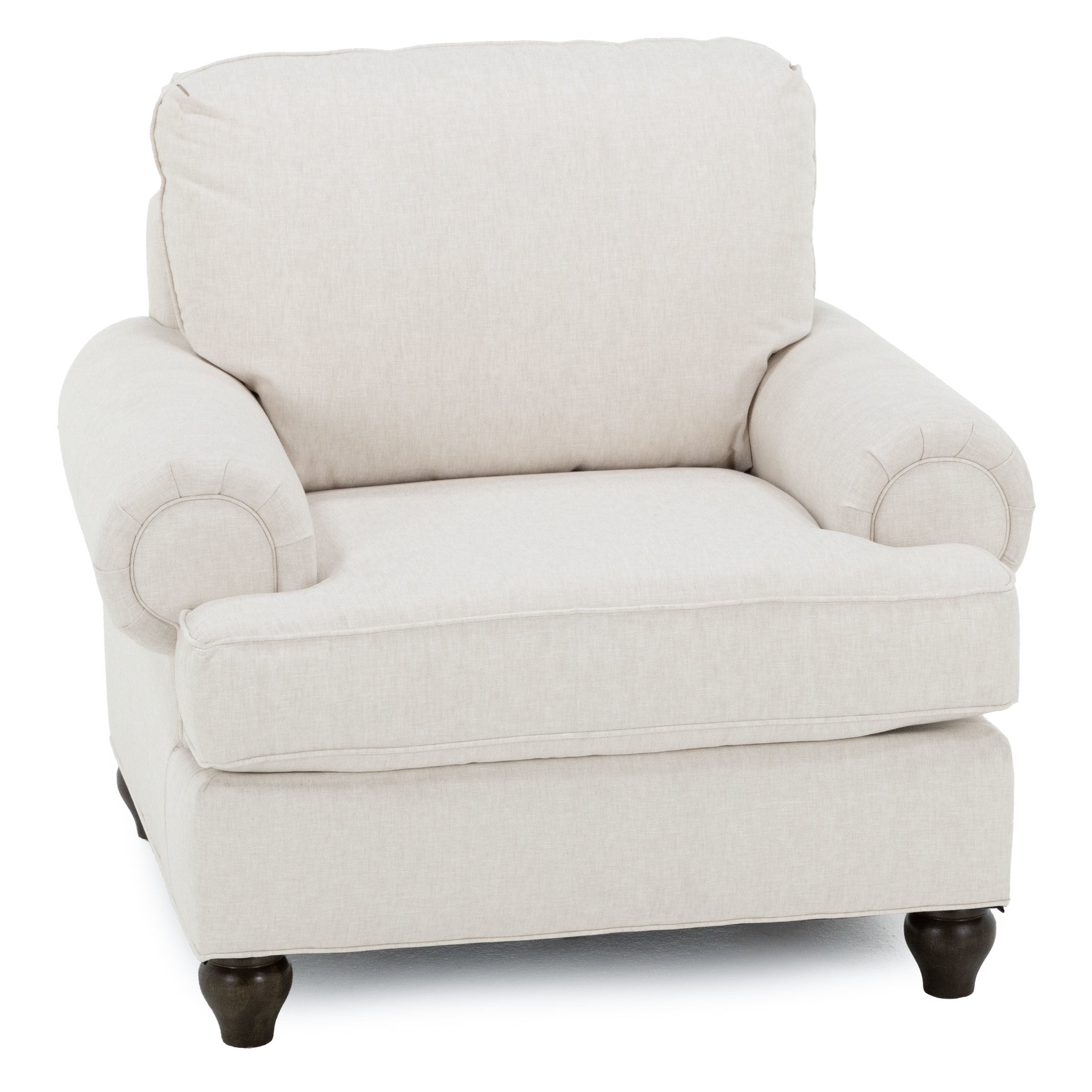 Beige upholstered armchair with rolled arms and wooden legs.