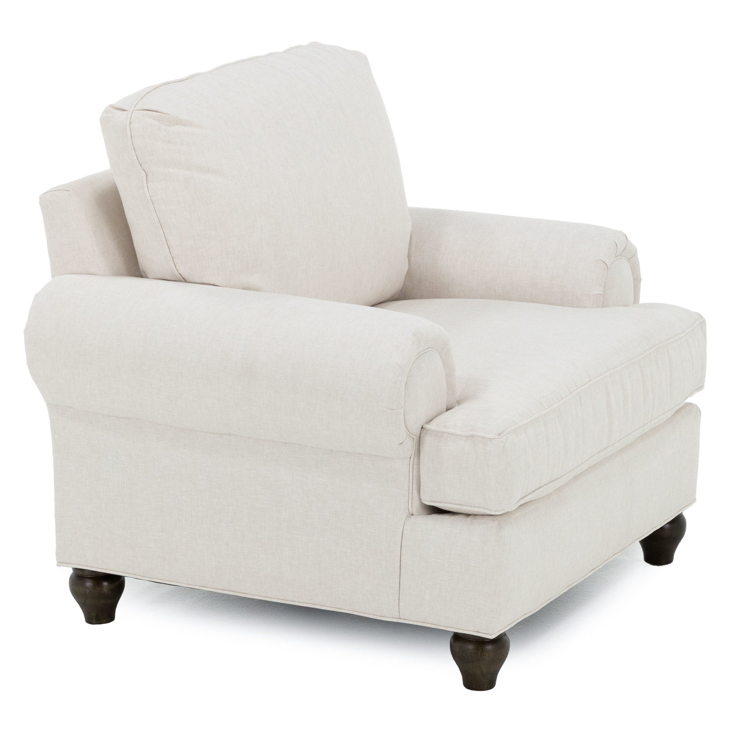Beige upholstered armchair with dark wooden legs.