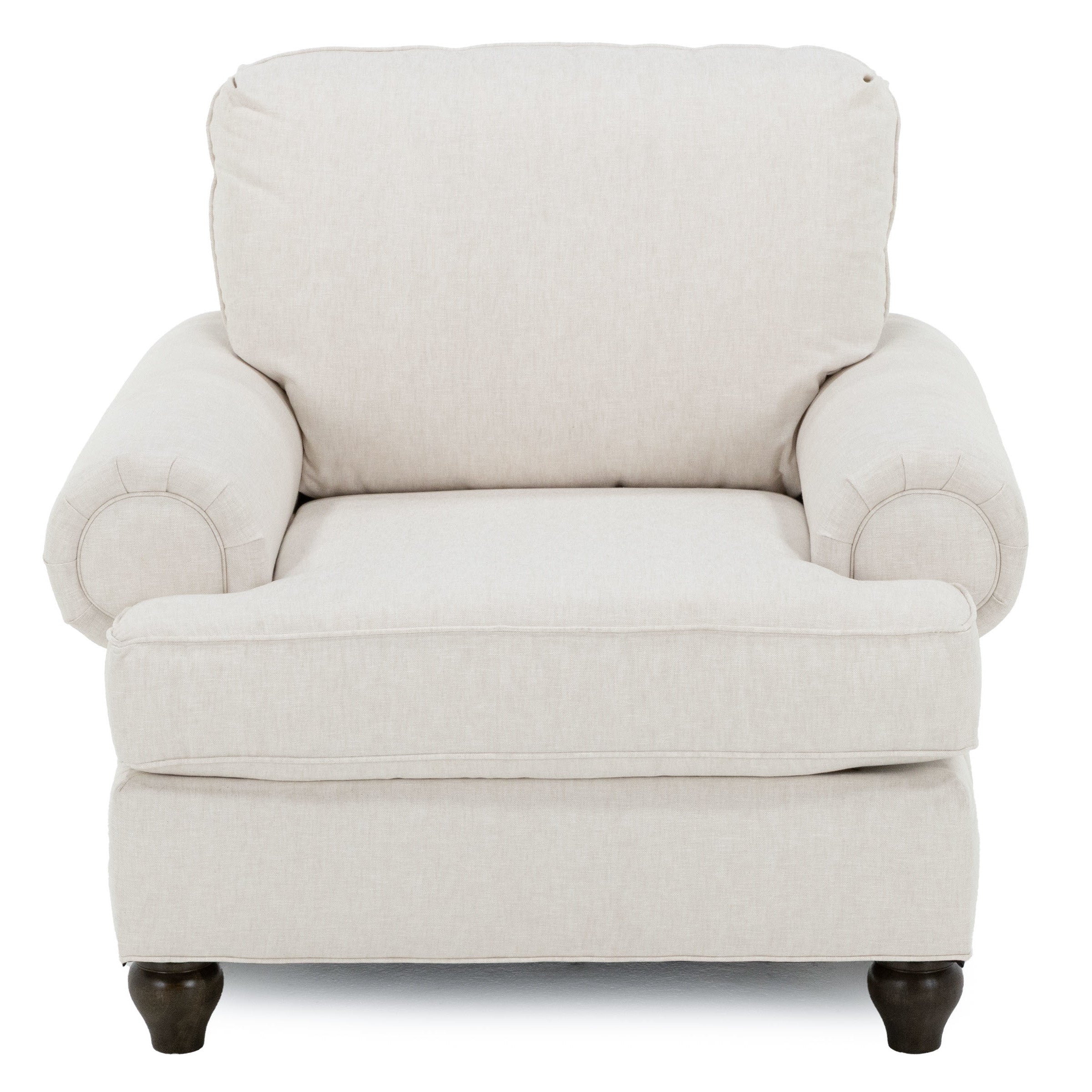Beige armchair with rolled arms and dark wooden legs, front view.