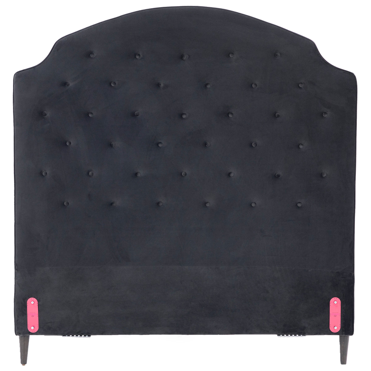 Upholstered black headboard with tufted buttons and arched top.