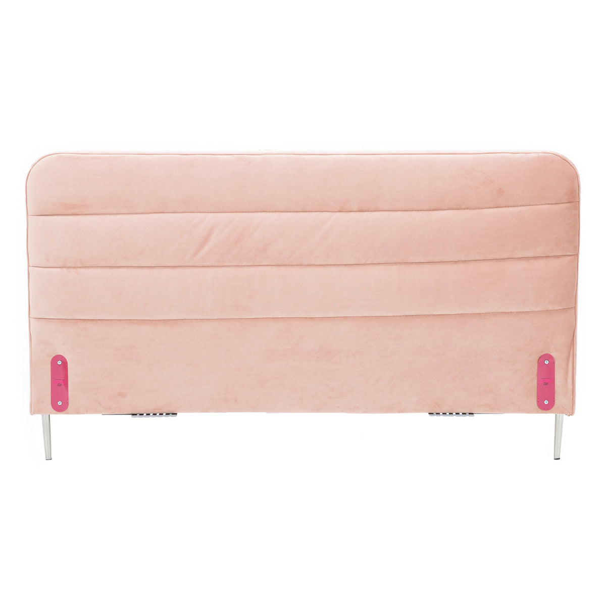 Upholstered pink headboard with horizontal stitching and metal legs, shown from the back.