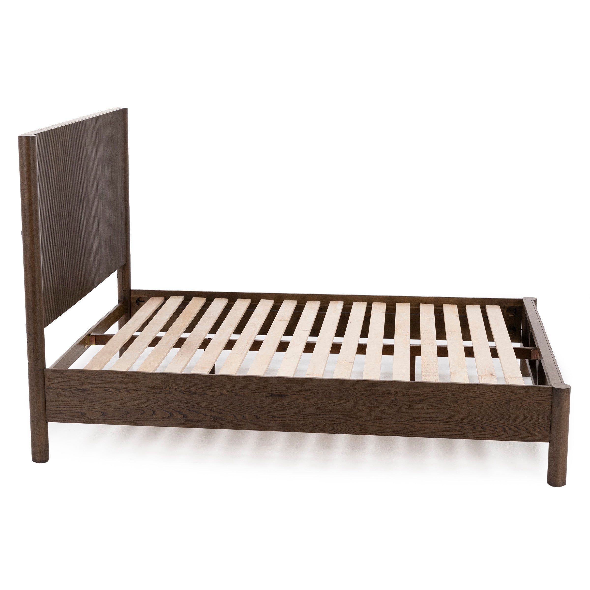 Wooden platform bed frame with slatted base and tall headboard.