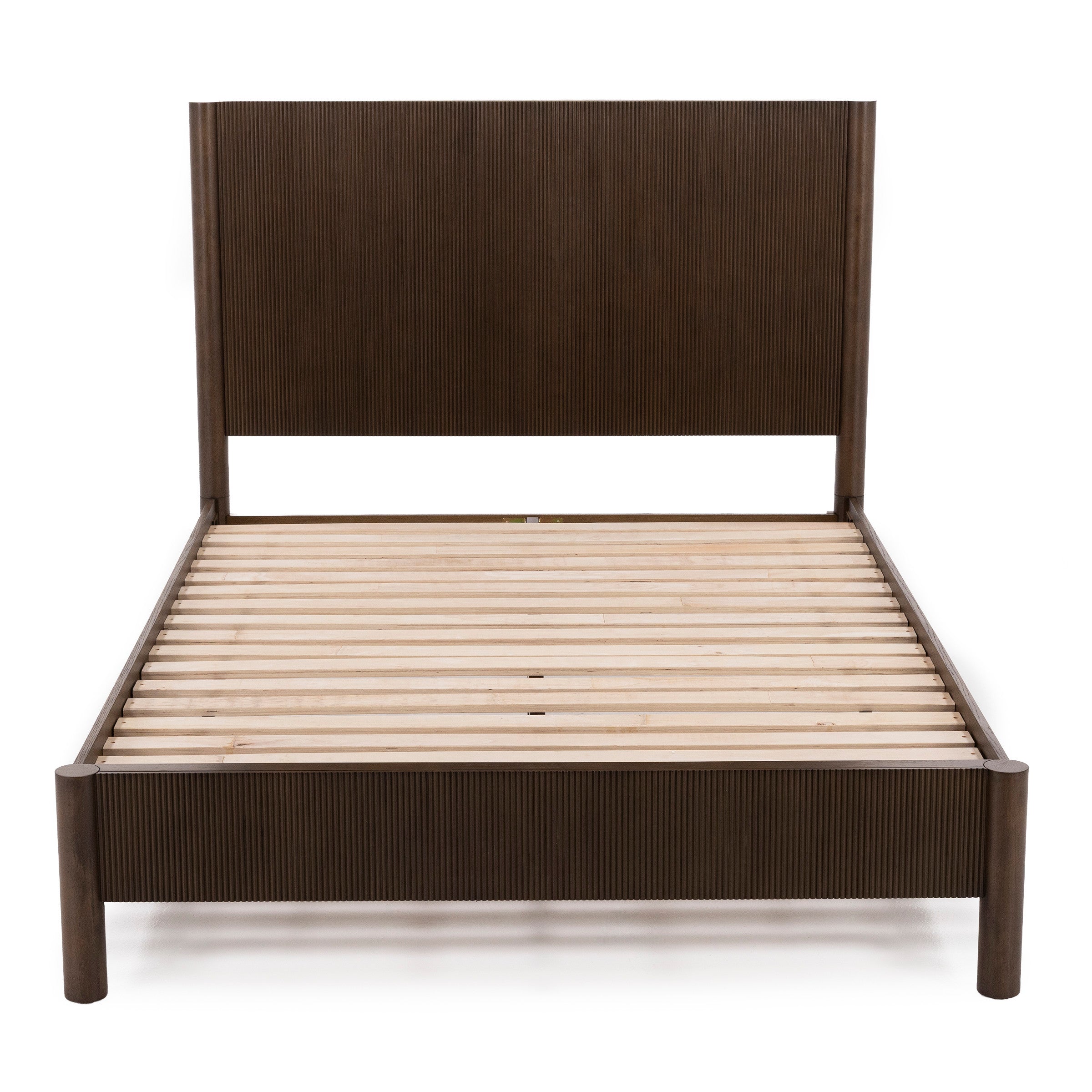 Modern wooden bed frame with slatted base and tall headboard.