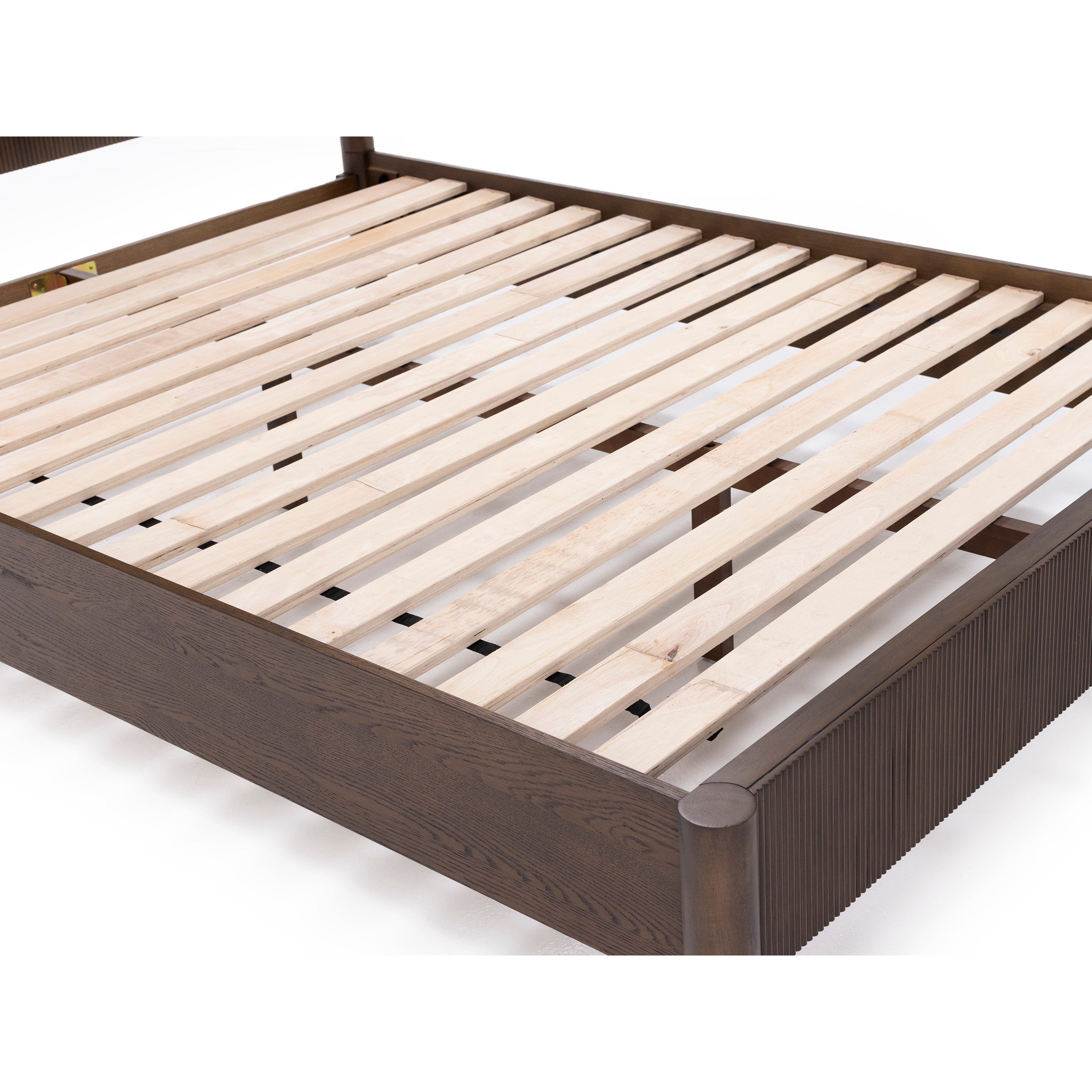 Wooden bed frame with slatted support base and dark wood finish.