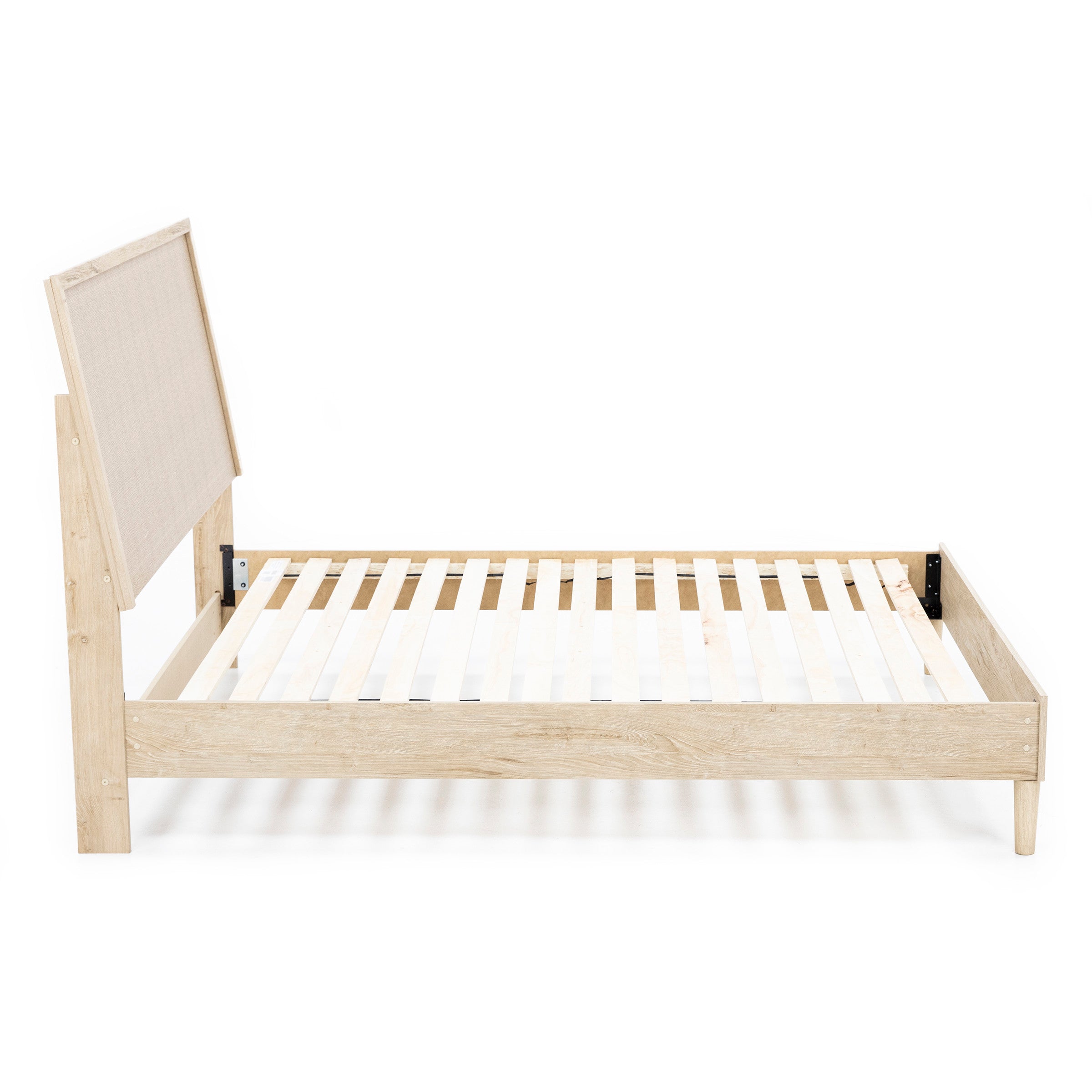 Light wood bed frame with slatted base and upholstered headboard, shown from the side.