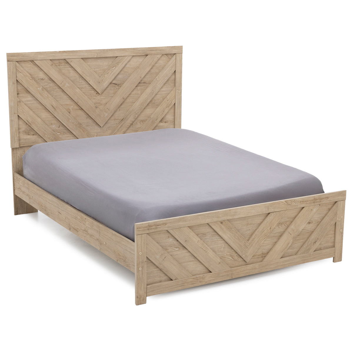 Wooden bed frame with chevron pattern headboard and footboard, fitted with a gray sheet.