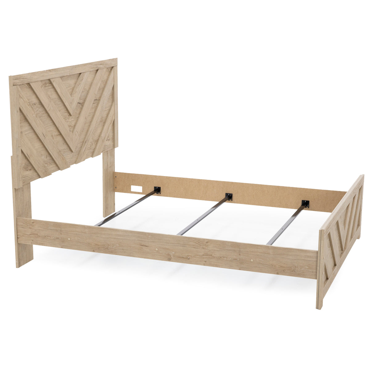 Light wood bed frame with geometric headboard and footboard design.