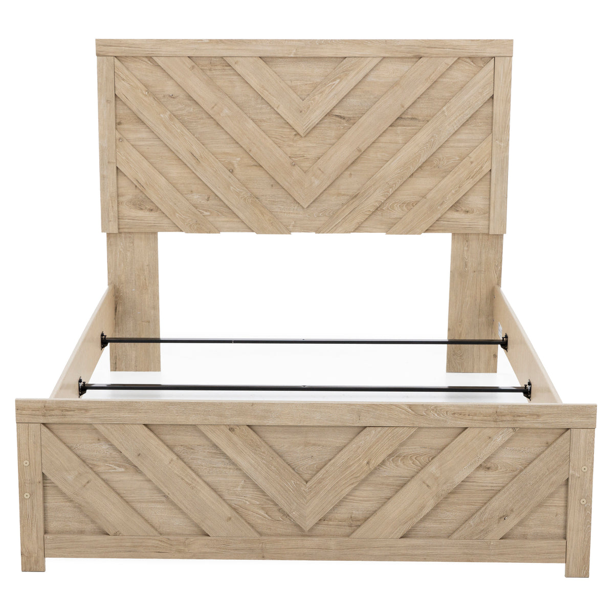 Light wood bed frame with chevron pattern headboard and footboard.