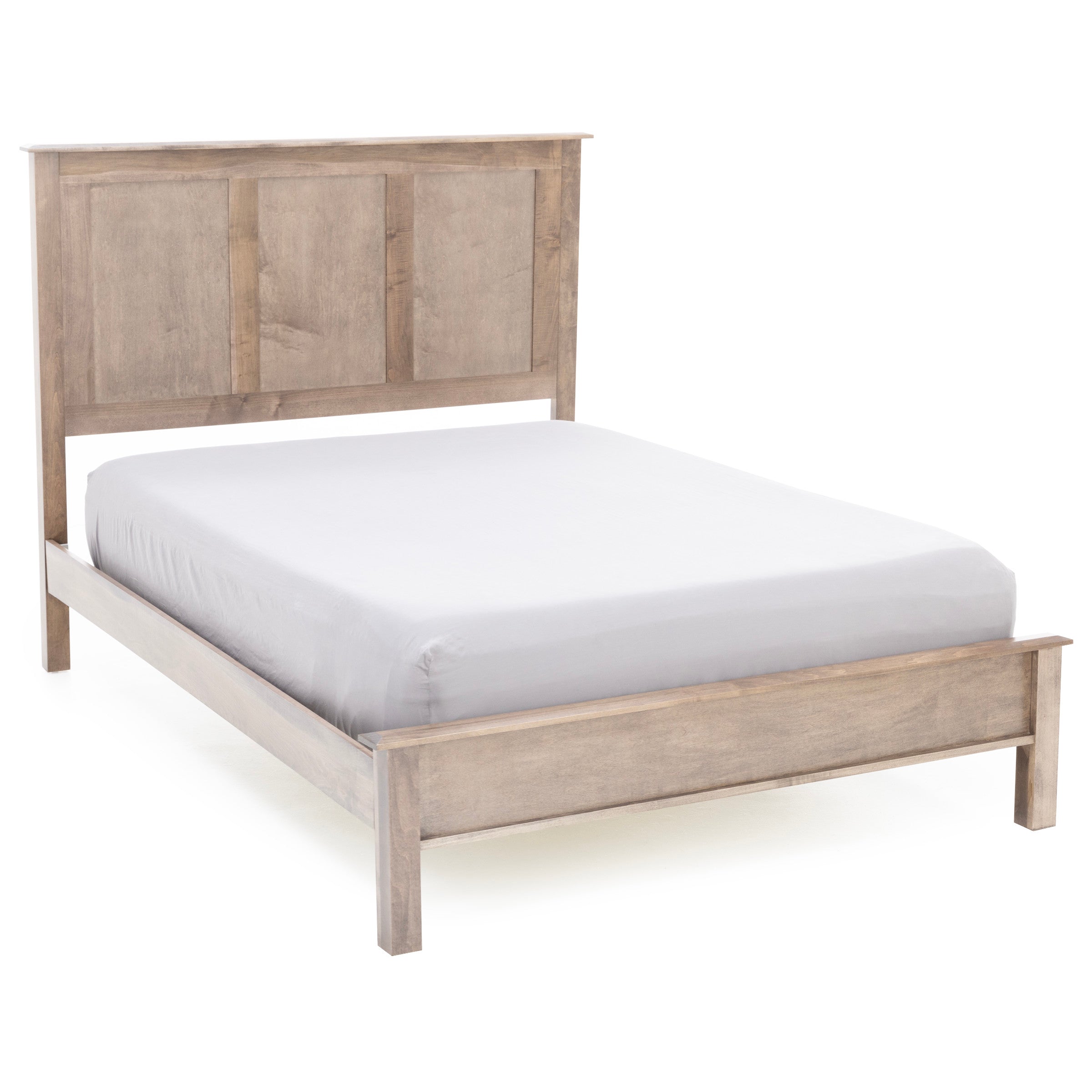 Wooden bed frame with high headboard and white fitted sheet.