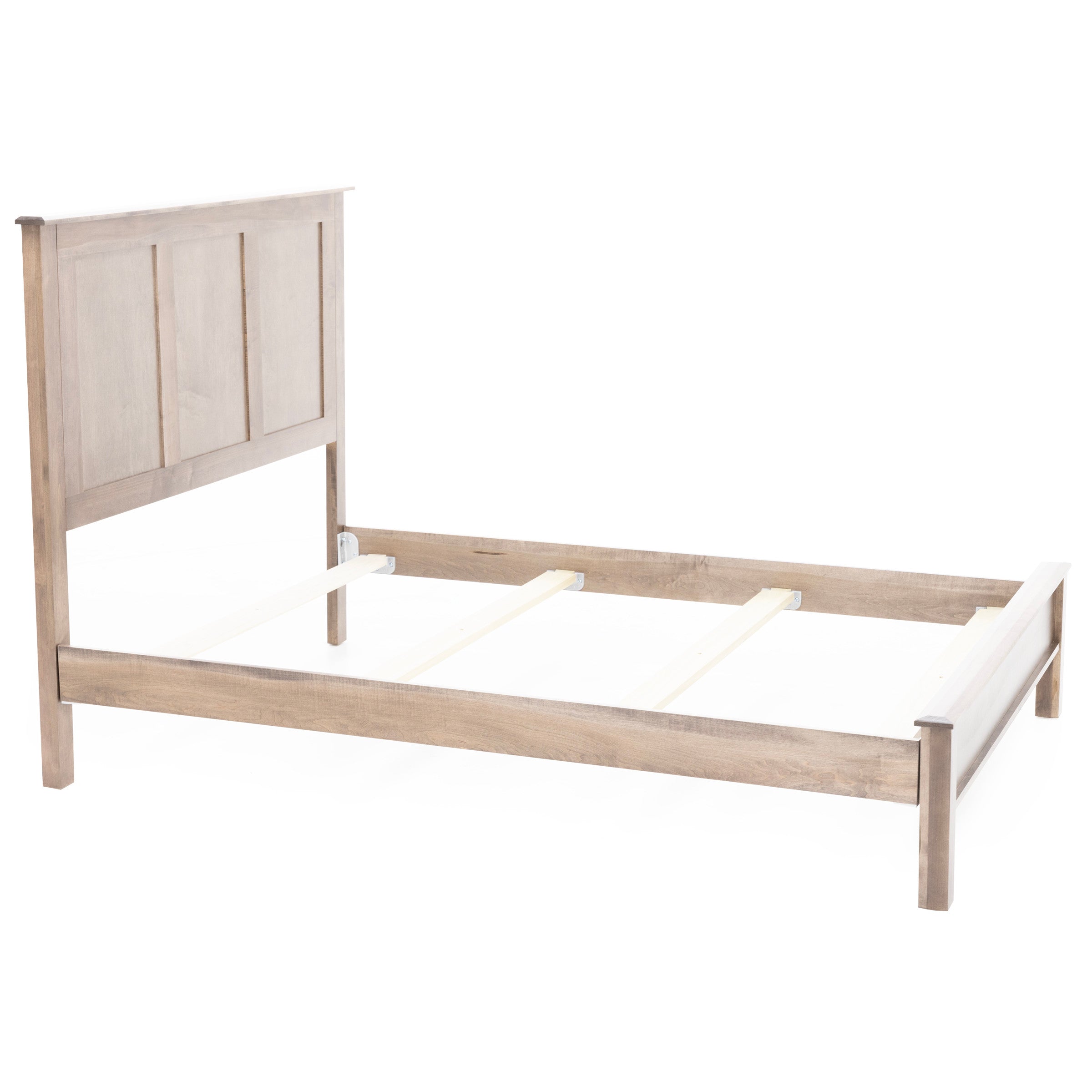 Wooden bed frame with a tall headboard and slats, shown without a mattress.