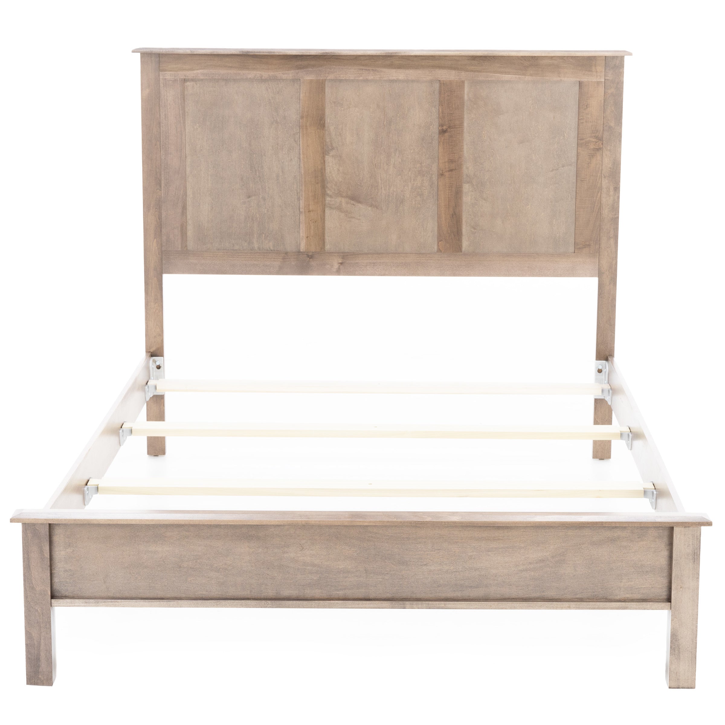 Wooden bed frame with slatted base and panel headboard, shown from the front.