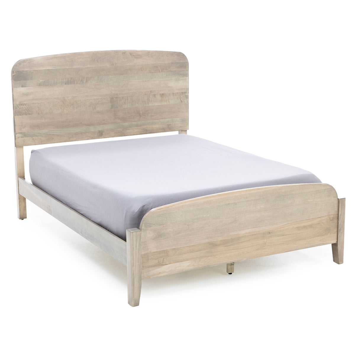 Wooden bed frame with light finish and a plain headboard.
