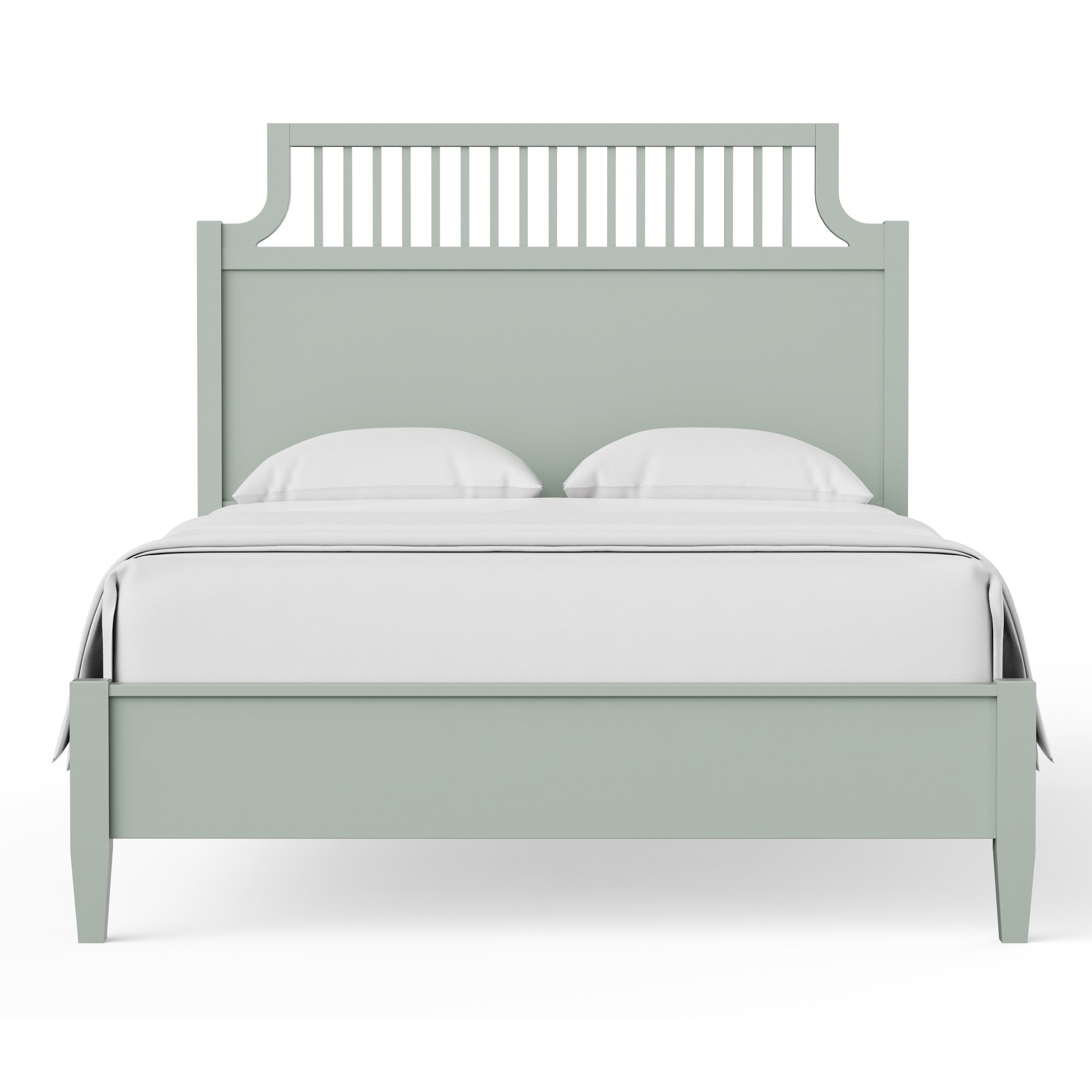 Light green bed frame with vertical slat headboard, two pillows, and white bedding.