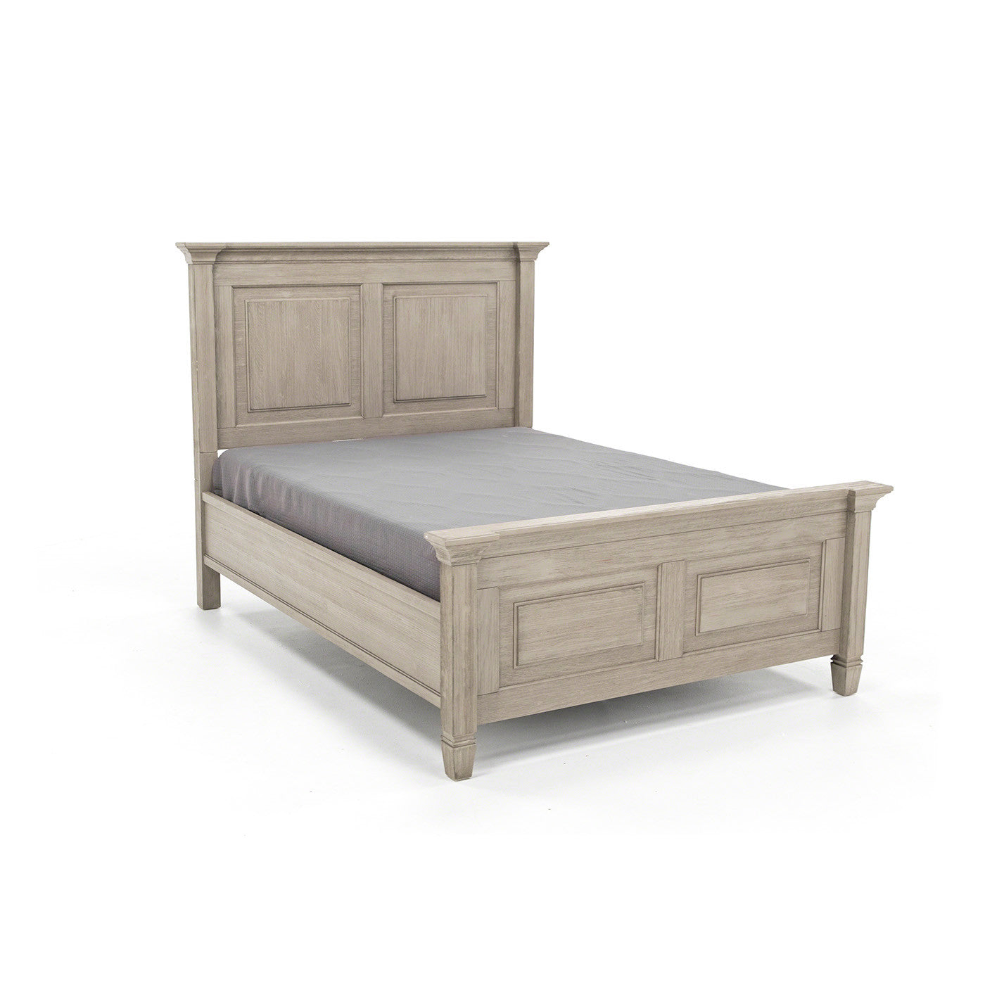 Light wood bed frame with paneled headboard and footboard, shown with mattress.