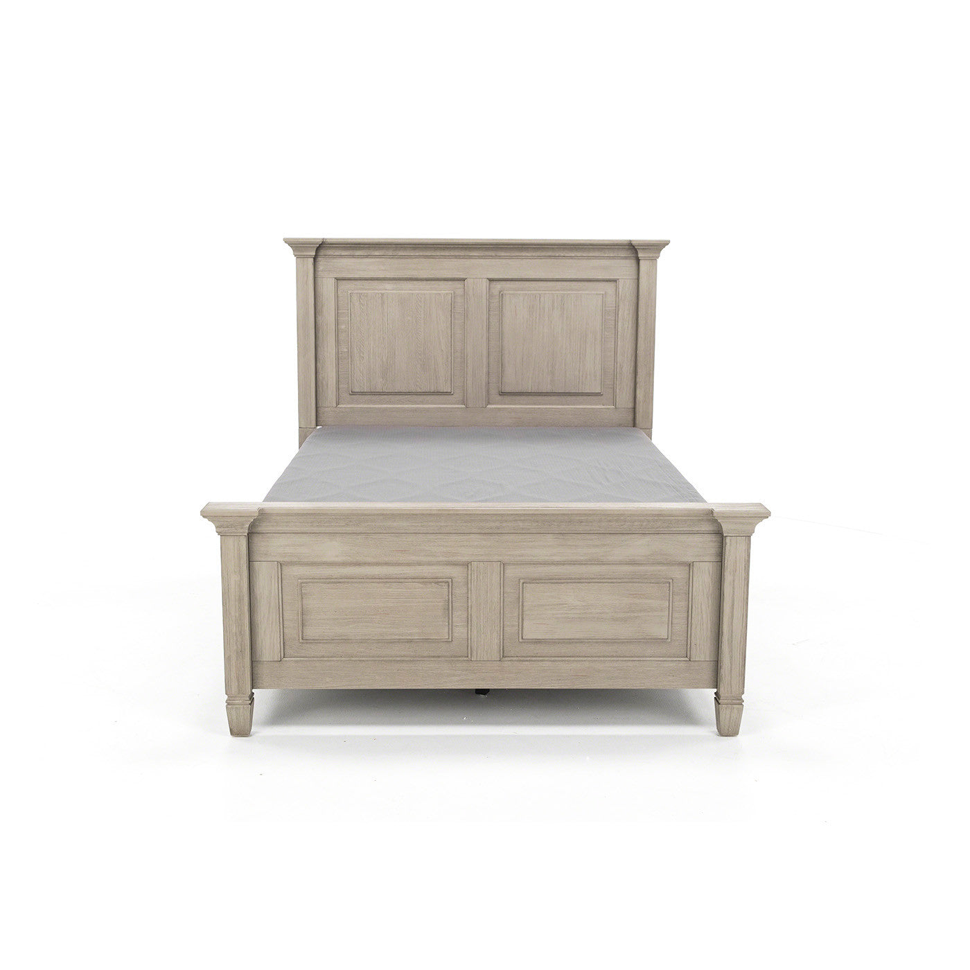 Gray wood twin bed frame with paneled headboard and footboard, shown from front.