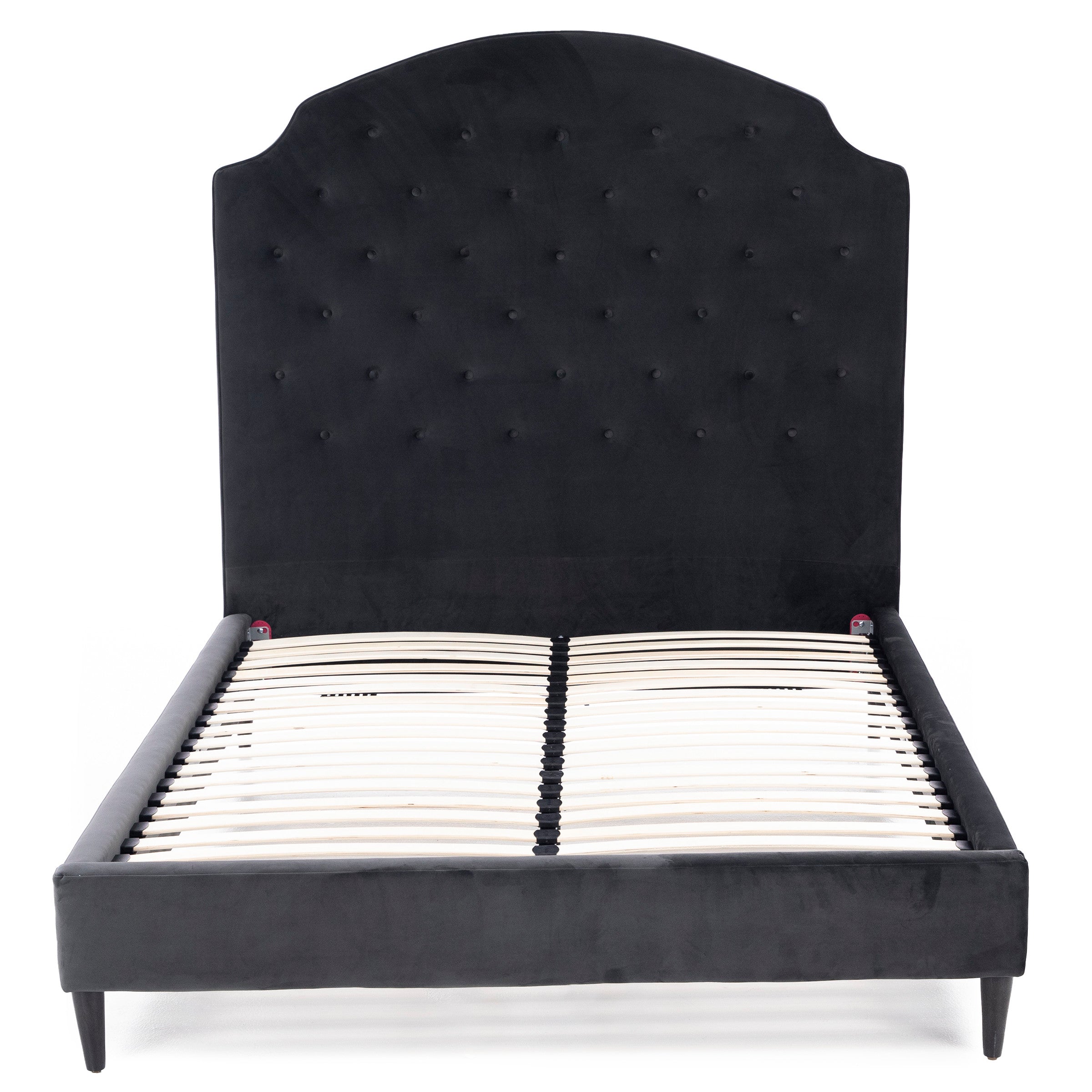 Black upholstered bed frame with high, tufted headboard and wooden slats, shown without mattress.